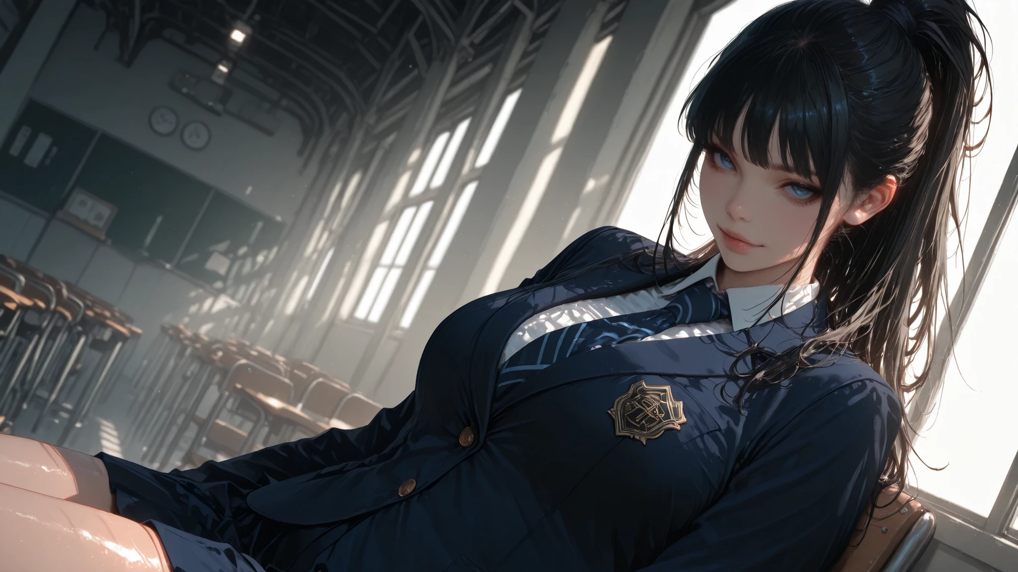 super realistic skin , shiny skin, Masterpiece , high quality , super detailed , solo , Long black hairstyles tied in a sexy ponytail in a posh school、seductive blue eyes , Beautiful high school girls in miniskirts , Blazer uniform、Morning to school , light , sitting on a chair (elegant sitting) , STATION , Take another photo of the upper body , viewer oriented , light giờ vàng , rich detail , dynamic angle , dynamic lighting , large area with panoramic vision , Take another upper body photo