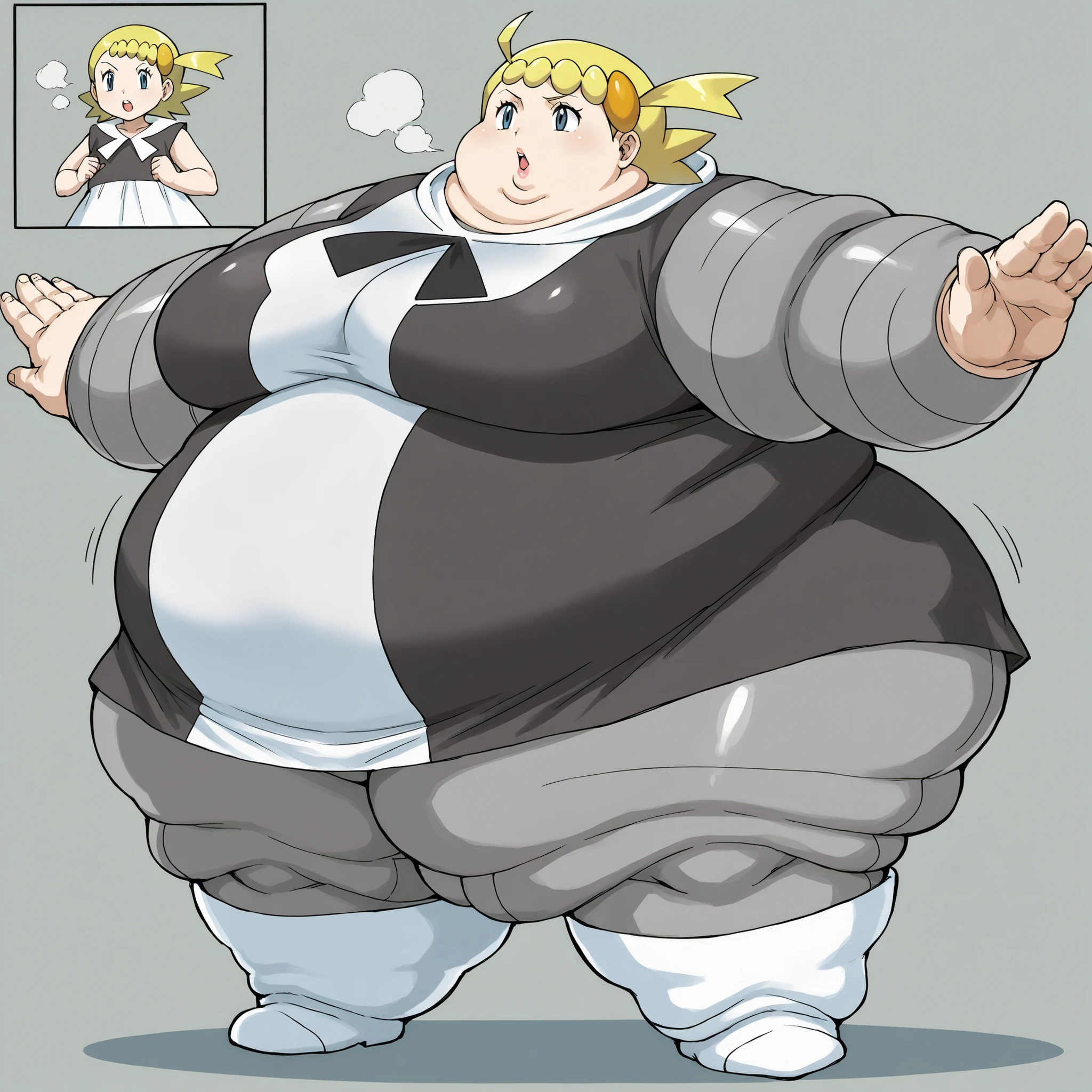 zzBonnie, bonnie_(pokemon), blue eyes, ahoge, blonde hair, large breasts
black and white dress, two-tone dress, grey bodysuit, bodysuit under clothes, grey pants, white boots, large breasts, fat, chubby, obese, fat neck, multiple chins, big breasts open mouth, out of breath, Larger female, full body shot, only head, large head, oversized limbs, large hands, large feet, oversized feet, oversized fingers, big lips, plump lips, fat face, fupa, big fupa, fat fupa, hunchback,