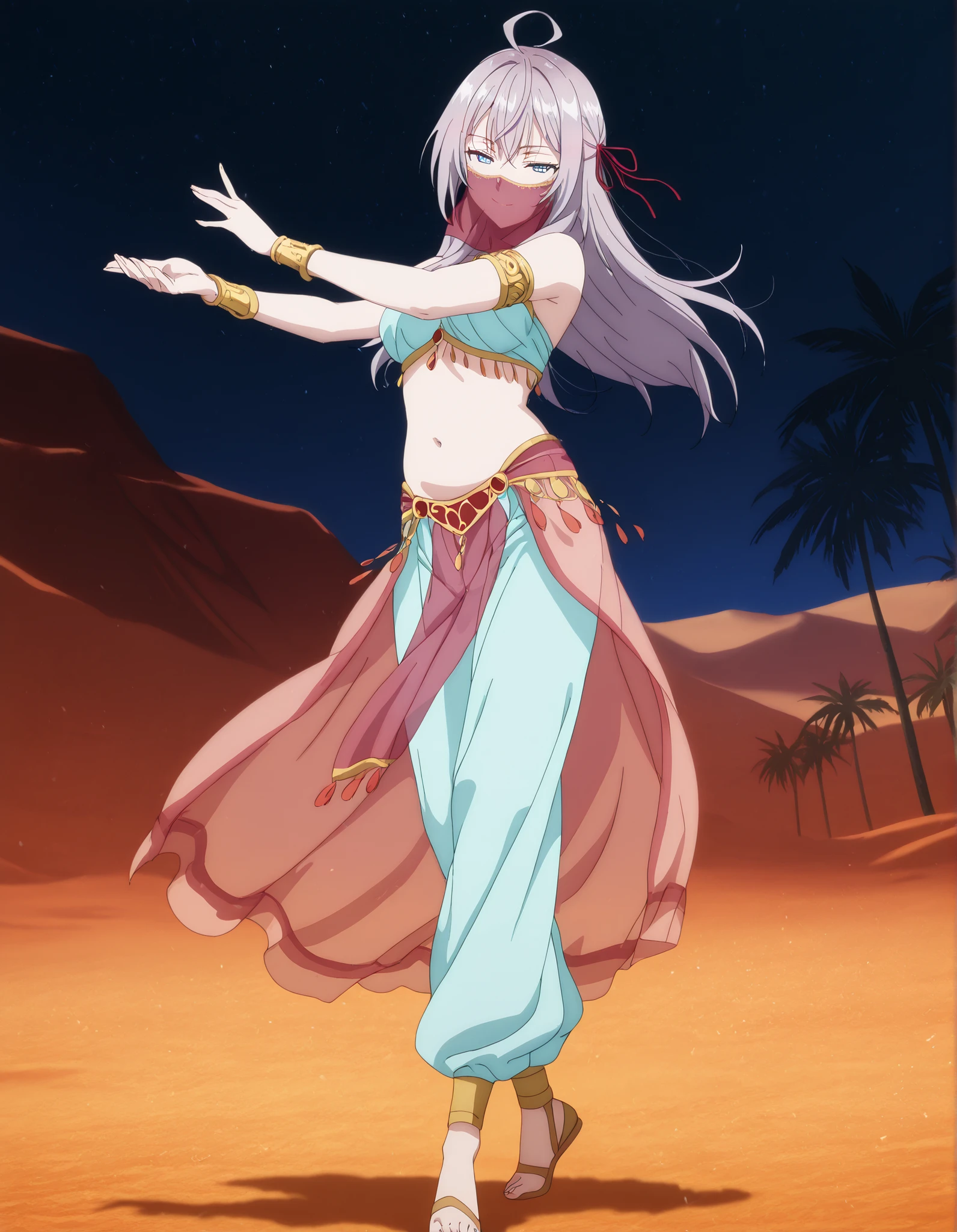 (1girl:1 . 5) , (Seul:1 . 5) , score_9 , score_8_haut , score_7_haut , source_anime , Official work  , ultra-detailed , masterpiece , best quality , high resolution , beaux yeux , detailed eyes , Detailed face , beautiful detailed eyes,<lora:alisa-mikhailovna-kujou-s1-illustriousxl-lora-nochekaiser:1>,1girl,long hair, bangs, blue eyes, hair ribbon, ahoge, grey hair, red ribbon, anime screencap,Roshidere,Alisa Mikhailovna "Alya" Kujou,Arabian Clothes , Arabian Dancer Outfit ,belly dancer costume,belly dancer outfit ,full body,golden jewelery,mouth veil,armlet,belly dancing,night,desert lands,palm tree,seductive smile, dancing with veil, dynamic movement,dance posture, seductive pose