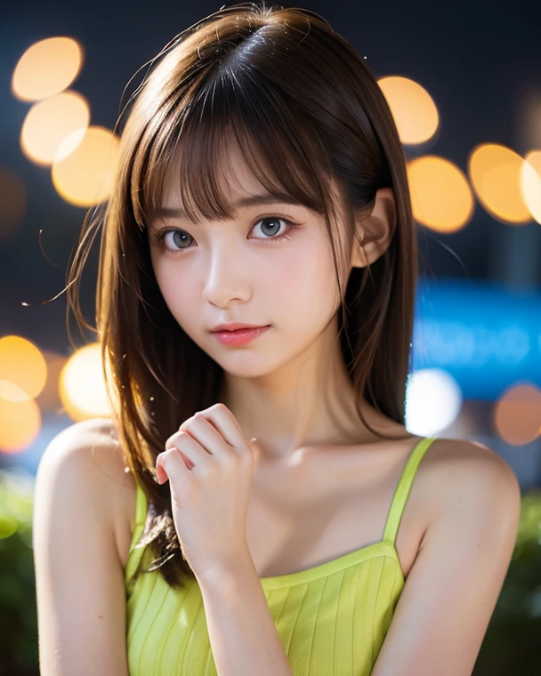 (highest quality,in 8K,masterpiece:1.3),(超A high resolution,Photorealistic:1.4,RAW shooting),(Ultra-detailed,Caustics,Perfect ),(Ultra-detailed background,Ultra-Realistic Capture,Beautiful and detailed eyes),(night bar:1.1),(mini dress:1.1),Stand,Japanese,20-year-old,cute,smile,black wavy hair, high school girlGal,Staring at this,Confused expression,covering face, Dynamic Lighting,Photographed from the front,Poses that accentuate the ,full body