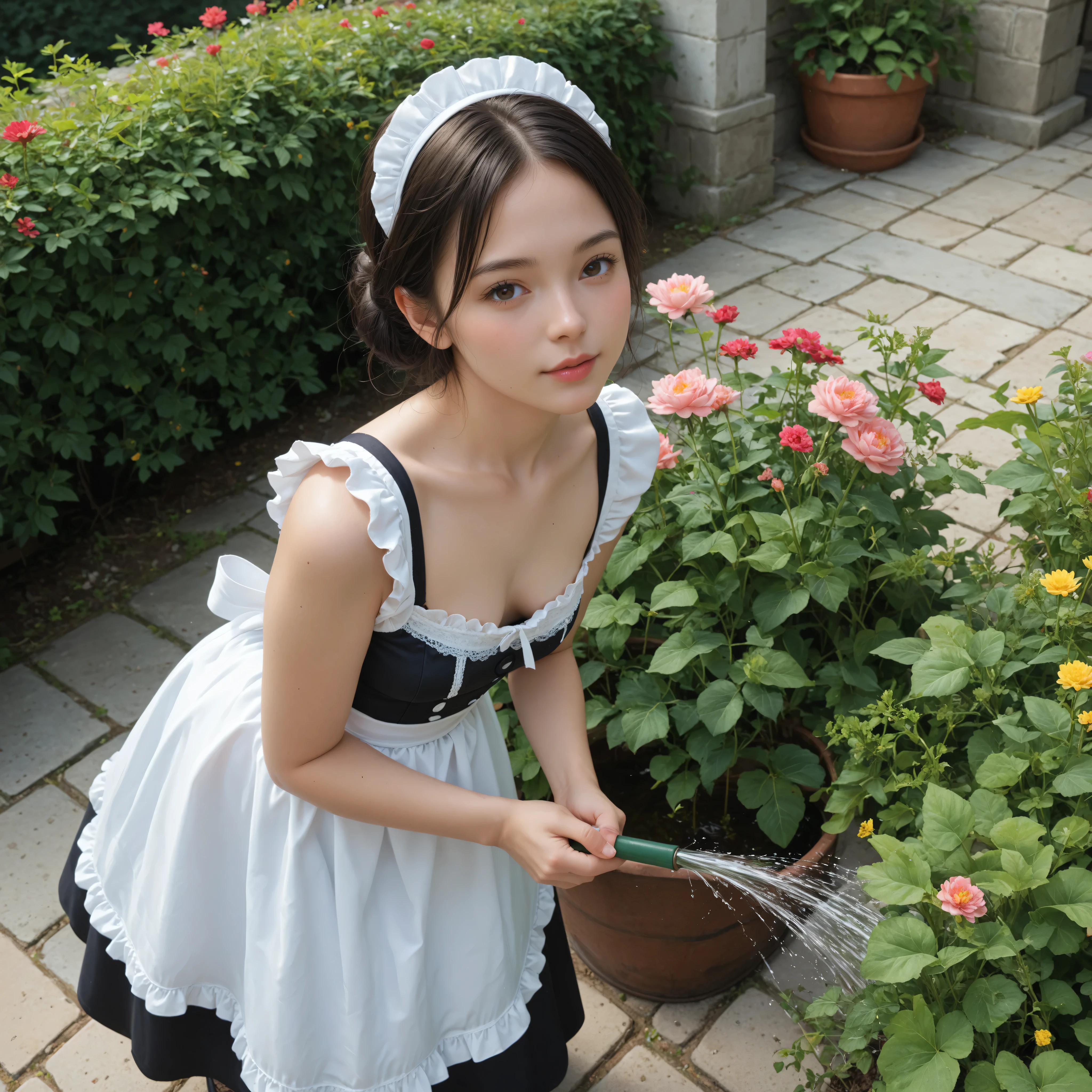 1 Girl、maids,watch viewers,(skinny:0.64),(younger:0.60),from above,slouching forward,(big boobs:-0.38),is watering flowers outside the mansion,japanese,(Smile Yang:0.24),black lace stockings