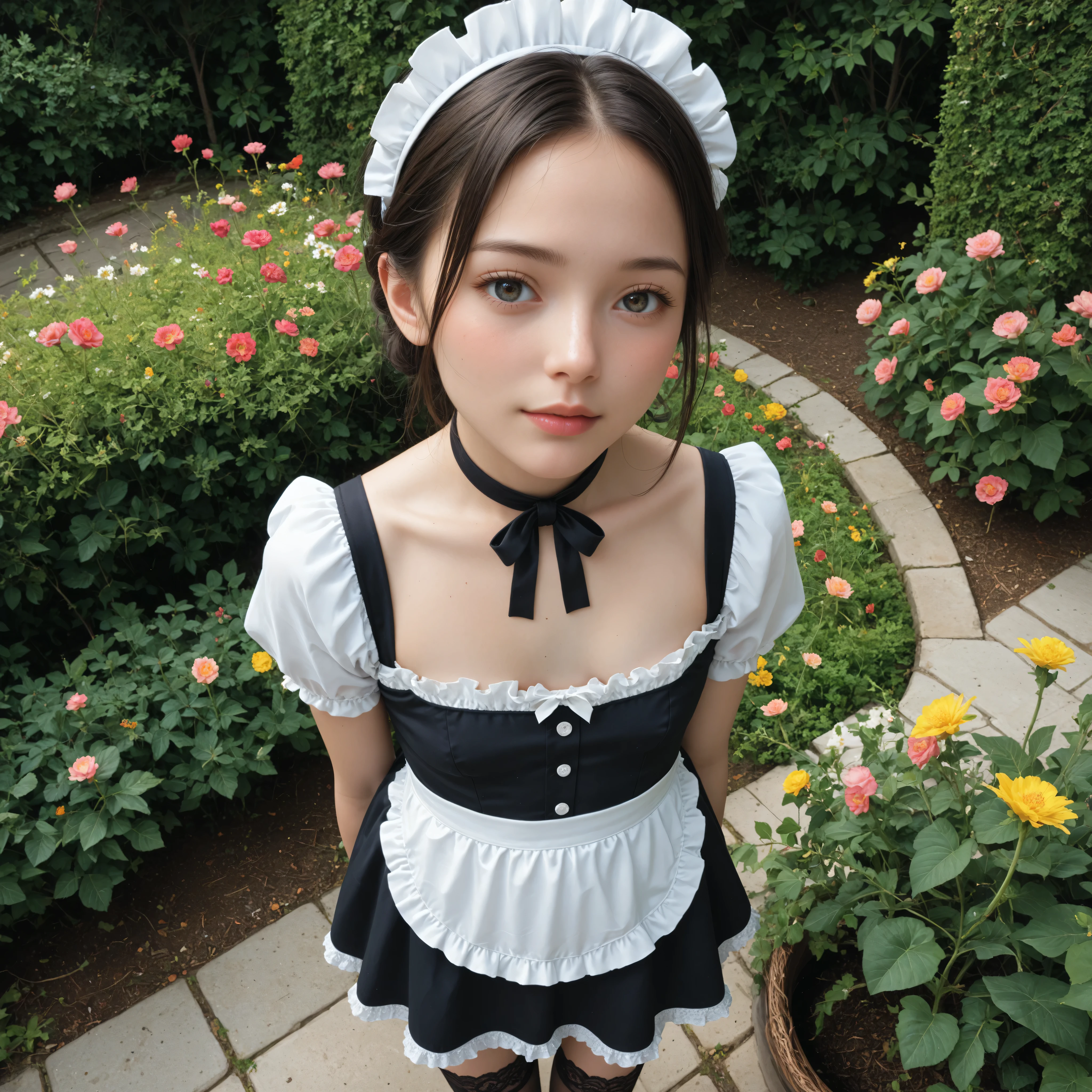 1 Girl、maids,watch viewers,(skinny:0.64),(younger:0.60),from above,slouching forward,(big boobs:-0.38),is watering flowers outside the mansion,japanese,(Smile Yang:0.24),black lace stockings