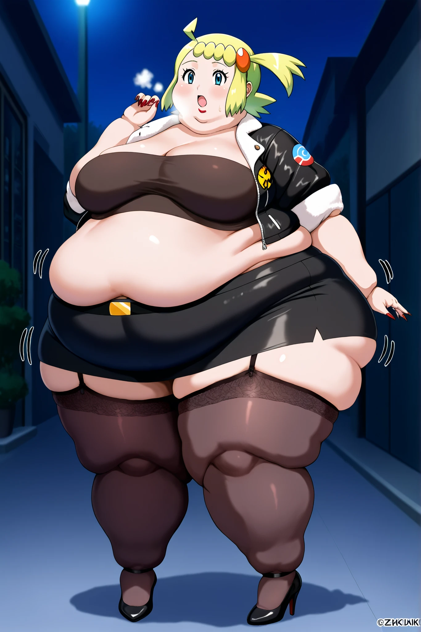 (masterpiece, ultra high definition, 16k, intricate), sharp focus, crisp details,
1girl, solo,
curvy, breasts, wide hips, twitching,
zzBonnie, bonnie_(pokemon), blue eyes, ahoge, blonde hair, hair ornament, short hair, side ponytail, furr jacket, tube top, midriff, skirt, stockings, high heels, makeup, lipstick, painted nails, long nails, breasts, large breasts,
large breasts, fat, chubby, obese, fat neck, multiple chins, big breasts open mouth, out of breath, Larger female, full body shot, only head, large head, oversized limbs, large hands, large feet, oversized feet, oversized fingers, big lips, plump lips, fat face, fupa, big fupa, fat fupa, hunchback, outside, night