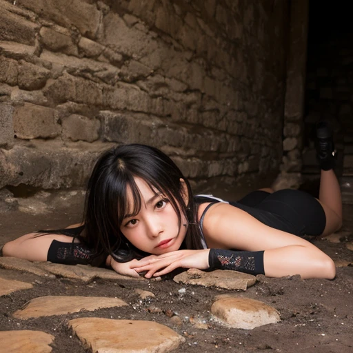 Realistic photo of Japan ????? cute 18-year-old woman being gang-????? by 50 tough black men. The woman's ???????? are hairless and a huge is forcibly hammered into them.