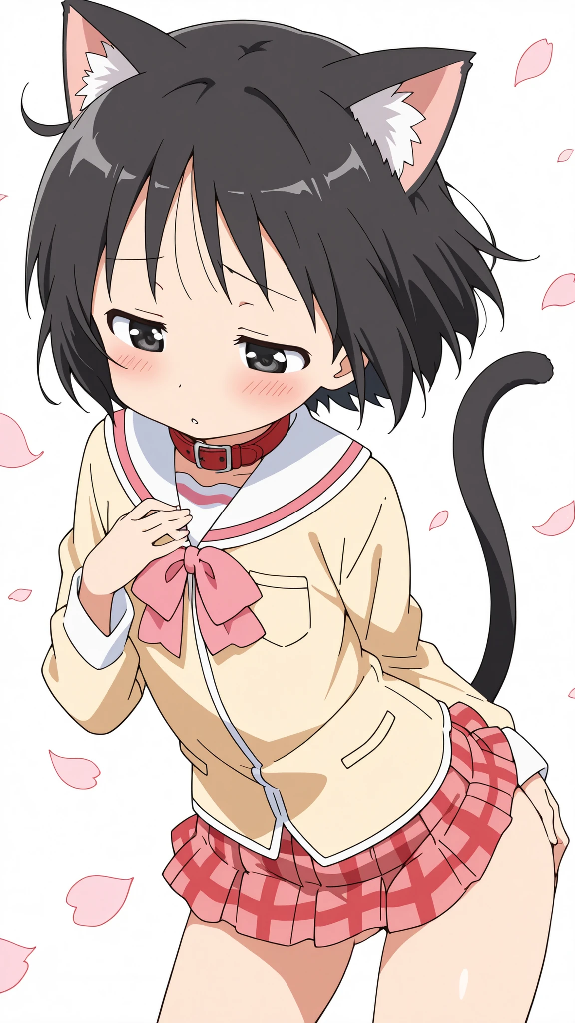 ((from above)),((fidgeting)),((face focus)),nsfw,((anime syale)),score_9, score_8_up, score_7_up, source_anime,shinonome nano,yasuna oribe,short hair, (black eyes),half-closed eyes,(black hair),black Cat ears,black Cat tail,((red leather collar)),(white background),1woman,((cat's tail)),(((solo))),((((mini skirt)))),(ass visible through thighs),(((A glimpse of her thighs))), long sleeves, school uniform, plaid, red skirt, plaid skirt, tokisadame school uniform,((hand on chest)),(downward-facing face),((looking down)),((blush)),((hand on own ass)),Flying petals,long eyelashes,
embarrassing,parted lips,(((contrapposto))),leaning forward,((wind))