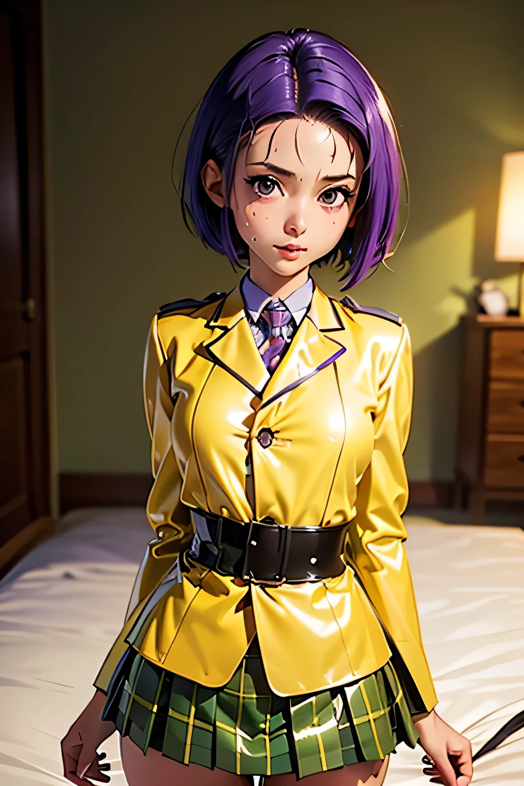 perfect anatomy　top quality,highest resolution,(((shiny latex yellow uniform　blazer　shiny checked green skirt　Shiny Purple Hair　short hair　sweat　shiny skin)))　Tolove　Haruna Sairenji