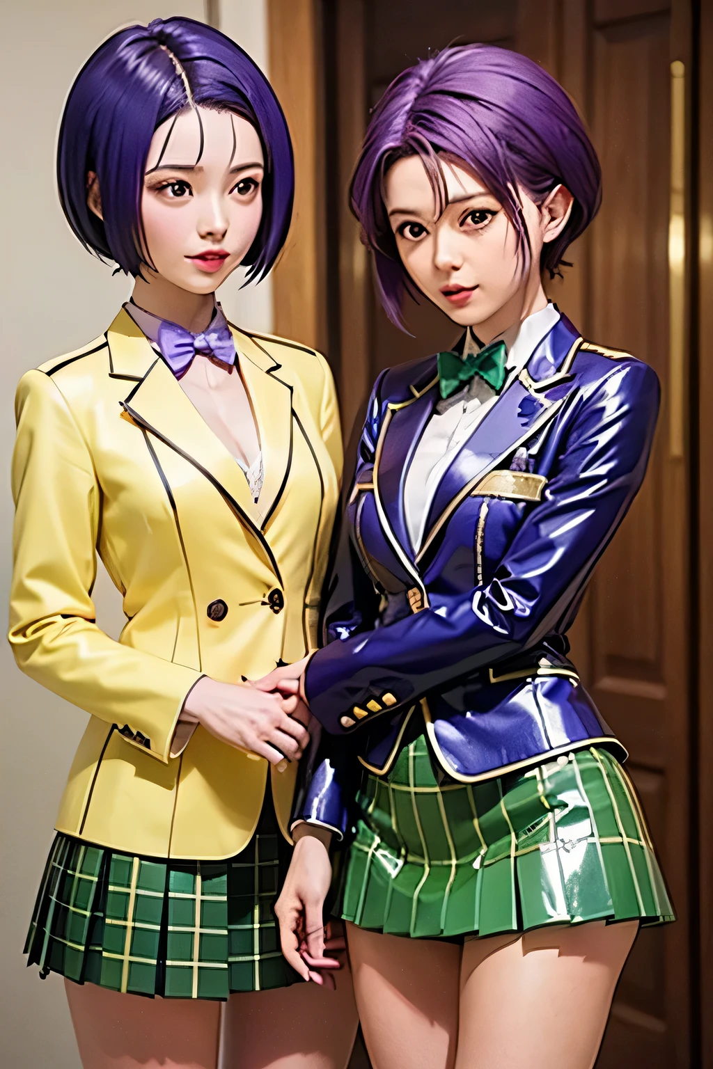 perfect anatomy　top quality,highest resolution,(((shiny latex yellow uniform　blazer　shiny checked green skirt　Shiny Purple Hair　short hair　sweat　shiny skin)))　Tolove　Haruna Sairenji