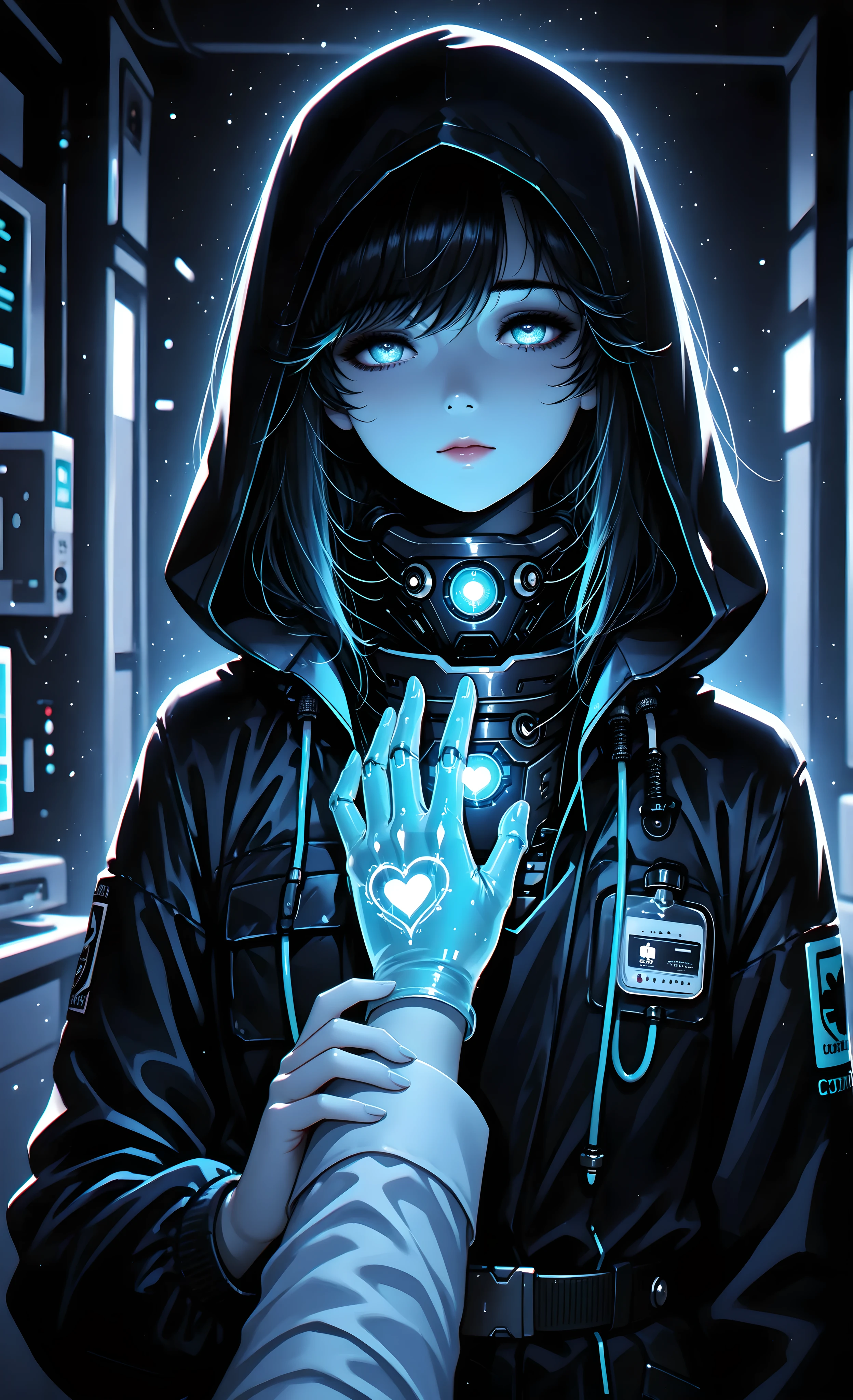 A cybernetic doctor holds a human heart in one hand and a glowing cybernetic core in the other, facing a moral choice. The patient lies between them, half-flesh, half-machine. Dramatic chiaroscuro, symbolic.