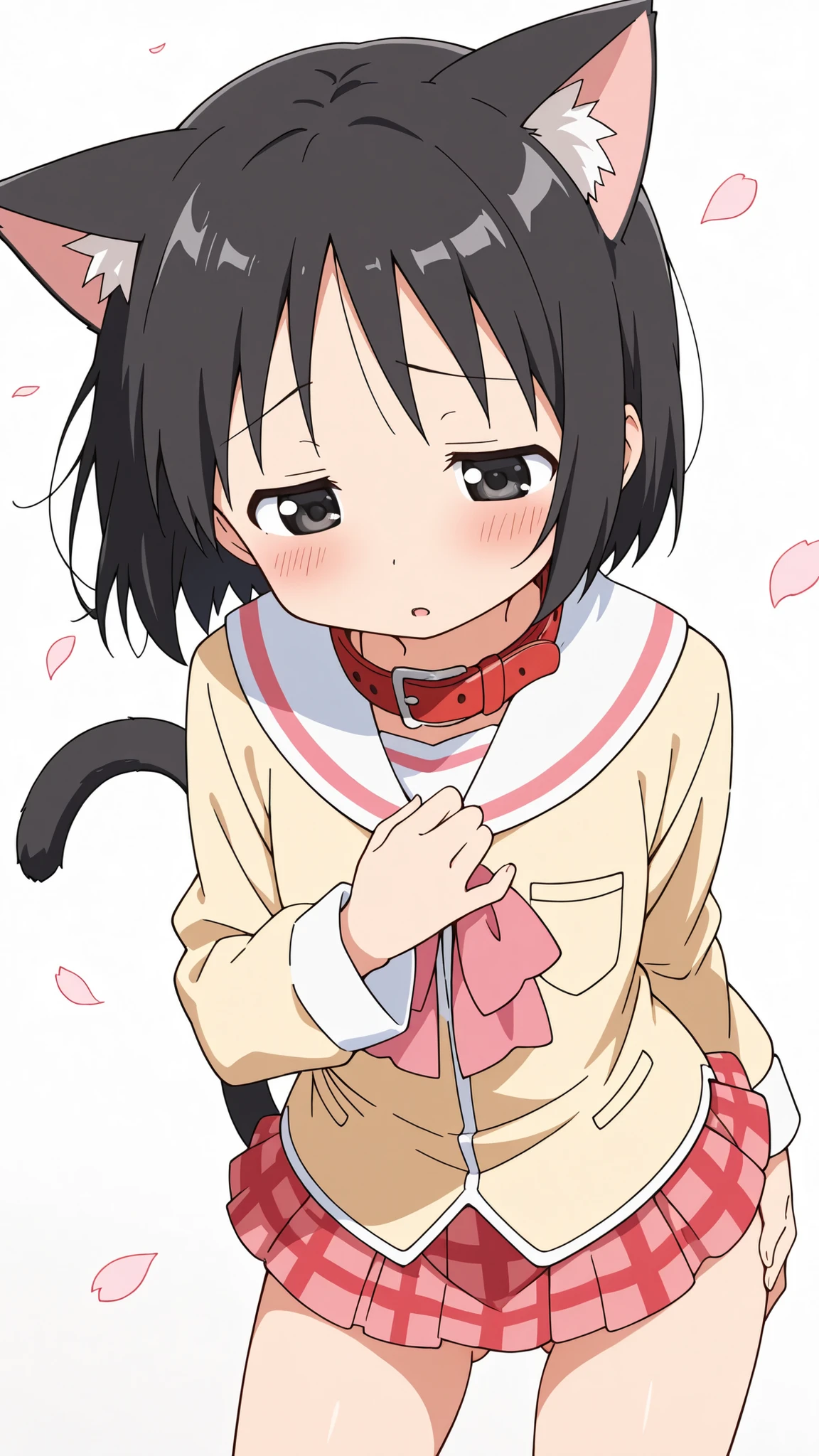 ((from above)),((fidgeting)),((face focus)),nsfw,((anime syale)),score_9, score_8_up, score_7_up, source_anime,shinonome nano,yasuna oribe,short hair, (black eyes),half-closed eyes,(black hair),black Cat ears,black Cat tail,((red leather collar)),(white background),1woman,((cat's tail)),(((solo))),((((mini skirt)))),(ass visible through thighs),(((A glimpse of her thighs))), long sleeves, school uniform, plaid, red skirt, plaid skirt, tokisadame school uniform,((hand on chest)),(downward-facing face),((looking down)),((blush)),((hand on own ass)),Flying petals,long eyelashes,
embarrassing,parted lips,(((contrapposto))),leaning forward,((wind))