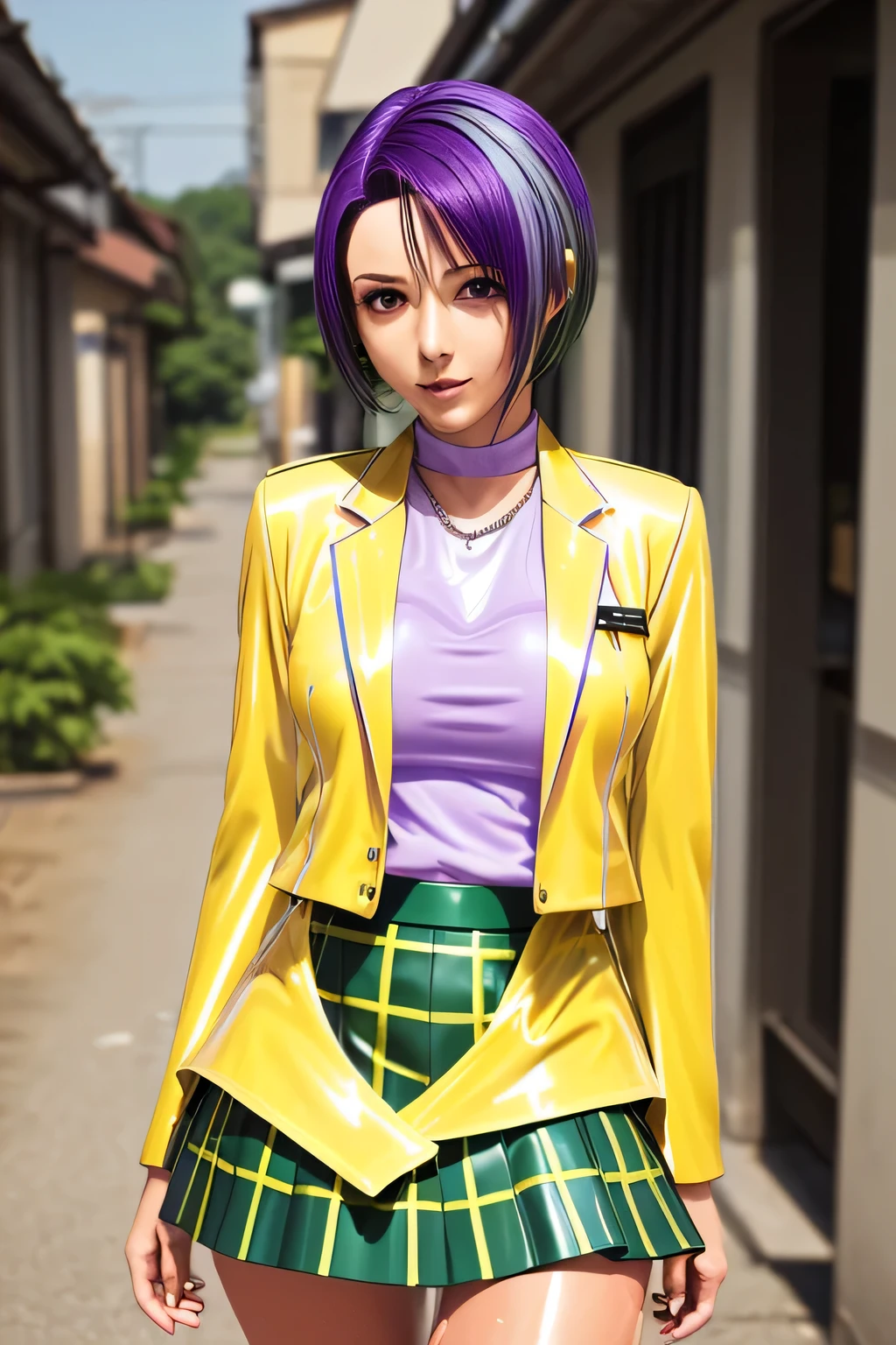 perfect anatomy　top quality,highest resolution,(((shiny latex yellow uniform　blazer　shiny checked green skirt　Shiny Purple Hair　short hair　sweat　shiny skin)))　Tolove　Haruna Sairenji