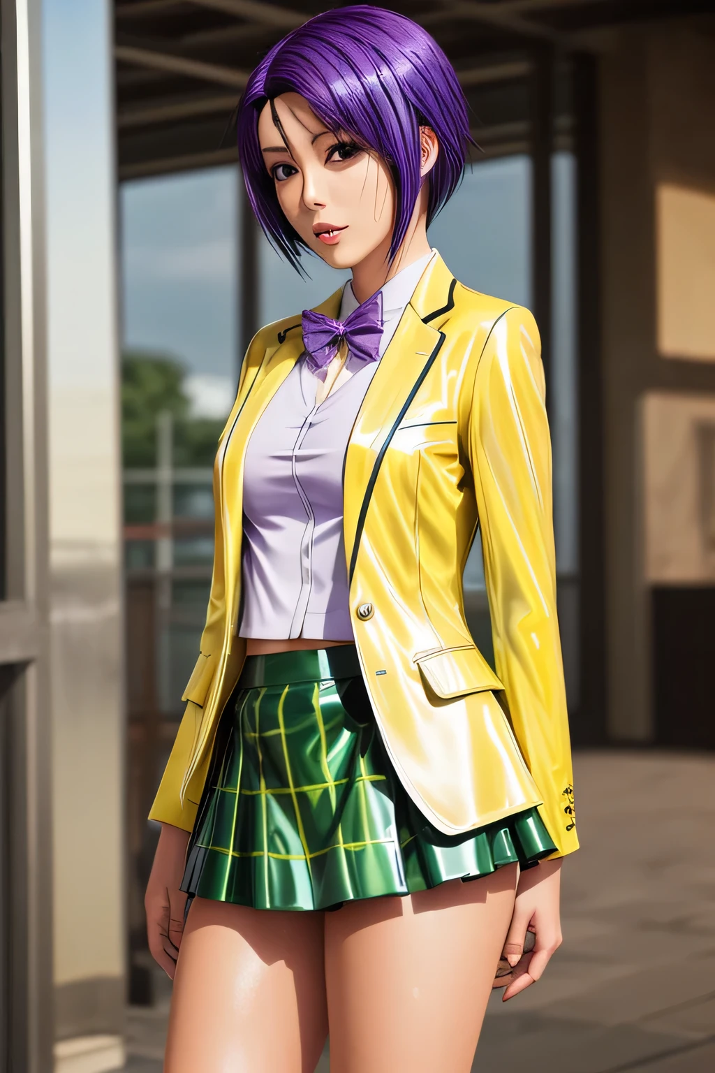 perfect anatomy　top quality,highest resolution,(((shiny latex yellow uniform　blazer　shiny checked green skirt　Shiny Purple Hair　short hair　sweat　shiny skin)))　Tolove　Haruna Sairenji