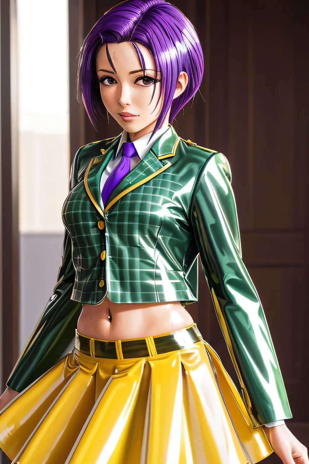 perfect anatomy　top quality,highest resolution,(((shiny latex yellow uniform　blazer　shiny checked green skirt　Shiny Purple Hair　short hair　sweat　shiny skin)))　Tolove　Haruna Sairenji