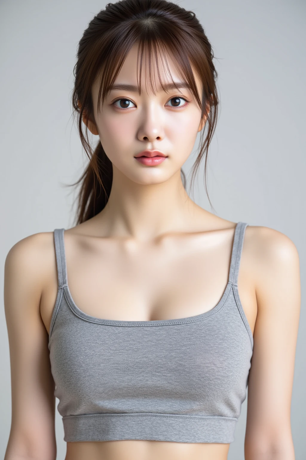 ((Best picture quality, 8K, tmasterpiece:1.3)), 1girll, Beautiful woman with slender abs:1.3, (Casual hairstyle, No leakage of big breasts:1.2), Low-cut ，Super large，Ultra-fine face, A detailed eye, 二重まぶた，ssmile，Home，The figure is very bad，tiny small waist，Super big breasts，Close-up，Close-up chest，White-skinned，The background is casual，Close-up Shot Shot