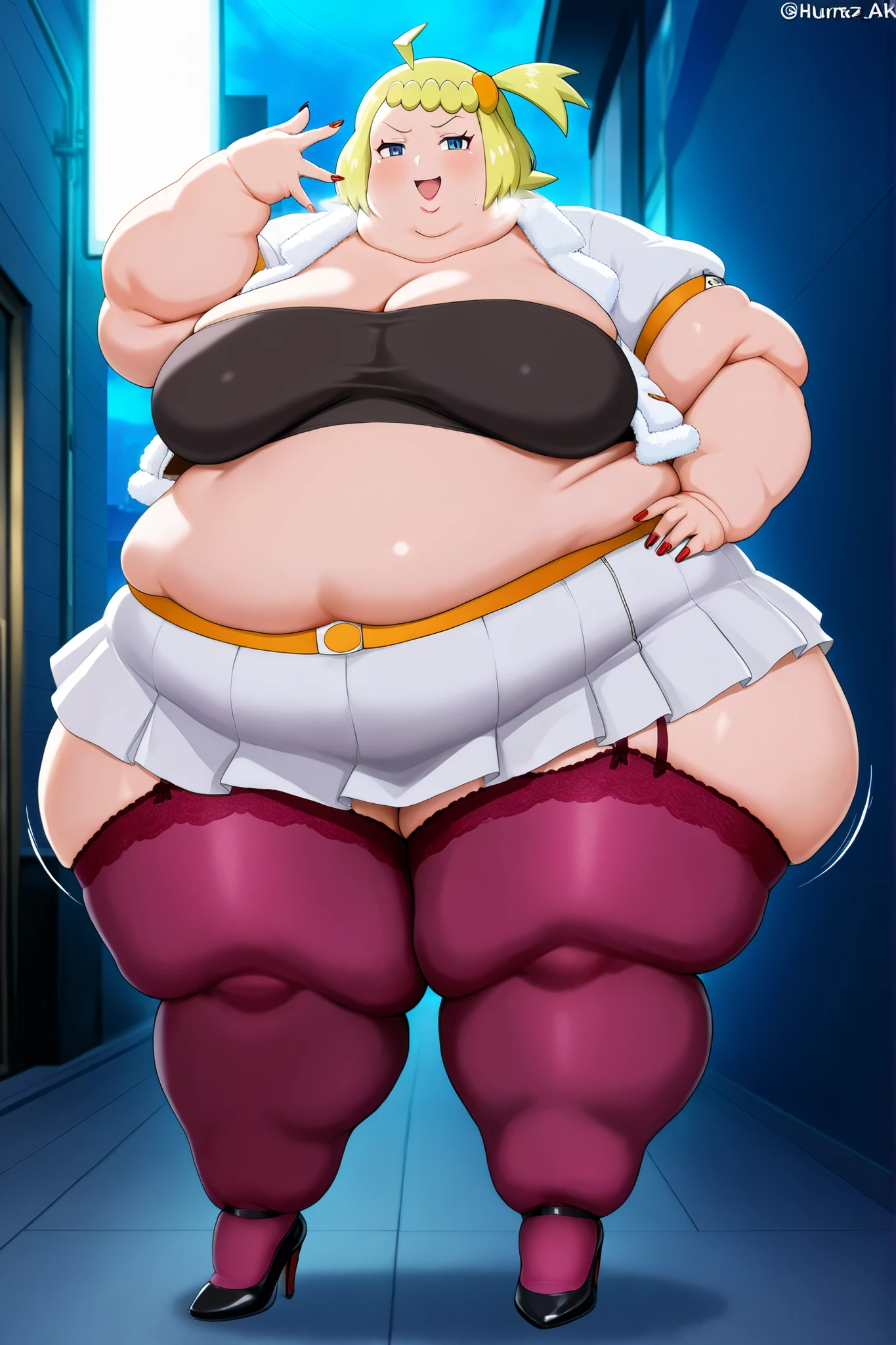 (masterpiece, ultra high definition, 16k, intricate), sharp focus, crisp details,
1girl, solo,
curvy, breasts, wide hips, twitching,
zzBonnie, bonnie_(pokemon), blue eyes, ahoge, blonde hair, hair ornament, short hair, side ponytail, furr jacket, tube top, midriff, skirt, stockings, high heels, makeup, lipstick, painted nails, long nails, smug smile, pubic hair, hairy, breasts, large breasts,
large breasts, fat, chubby, obese, fat neck, multiple chins, big breasts open mouth, out of breath, Larger female, full body shot, only head, large head, oversized limbs, large hands, large feet, oversized feet, oversized fingers, big lips, plump lips, fat face, fupa, big fupa, fat fupa, hunchback, outside, night, side view
