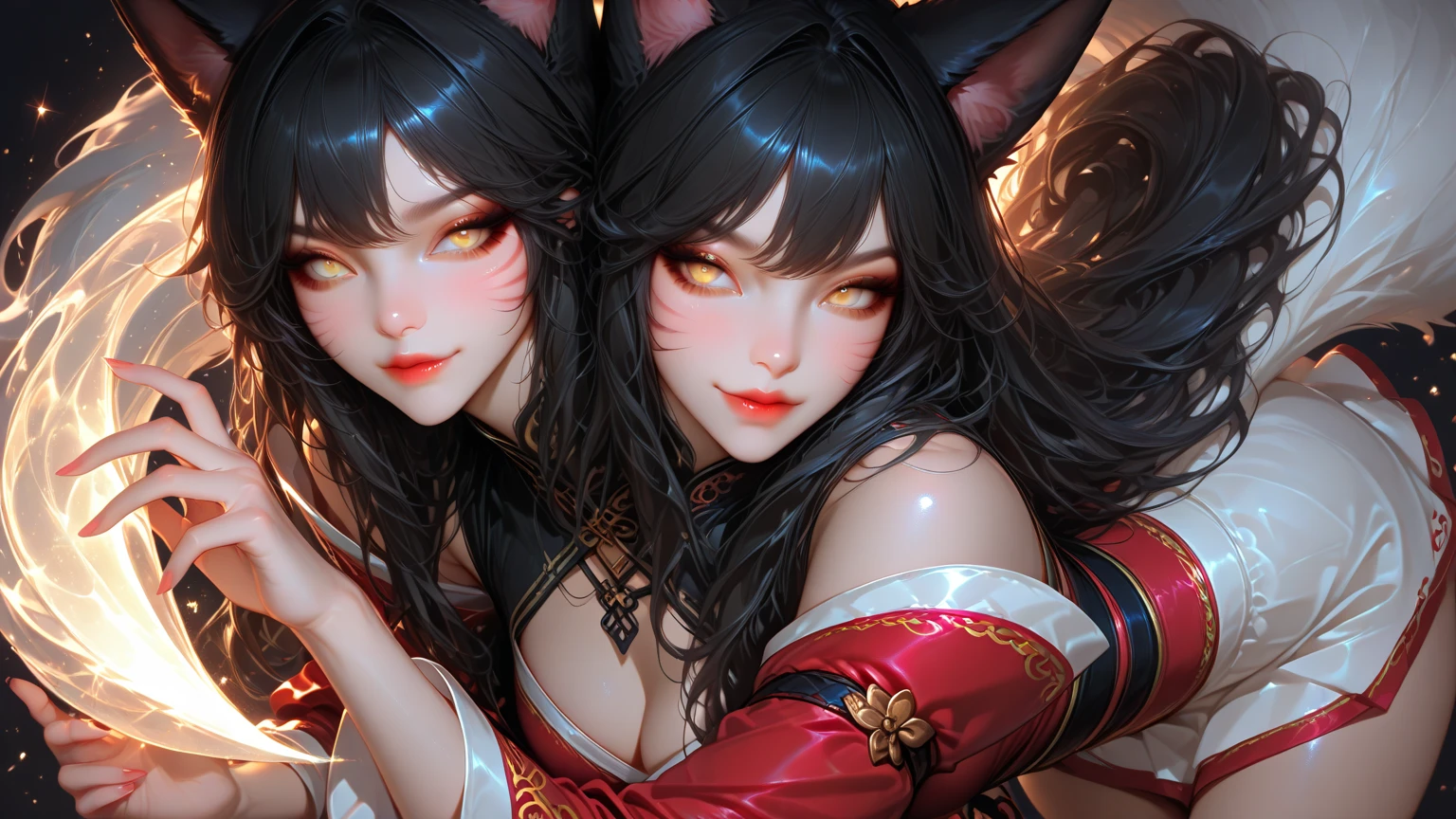 (((2 beautiful Chinese females))), silk yellow pleated skirt, ?????????????, beautiful face, red silk bra, smiling, 8k, max resolution, cute,  navy blue puffer coat, fur hood, photo, silk gloves, (((hug)))