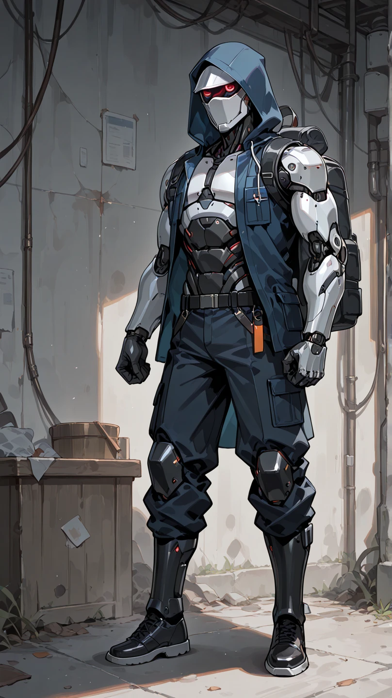 1male , White Hair , Wavy Hair , Undercut Hair , Unique Hair , Calm Expression , Black  , Military Armored Combat Clothing , Standing in Modern City Background , Gas Mask 