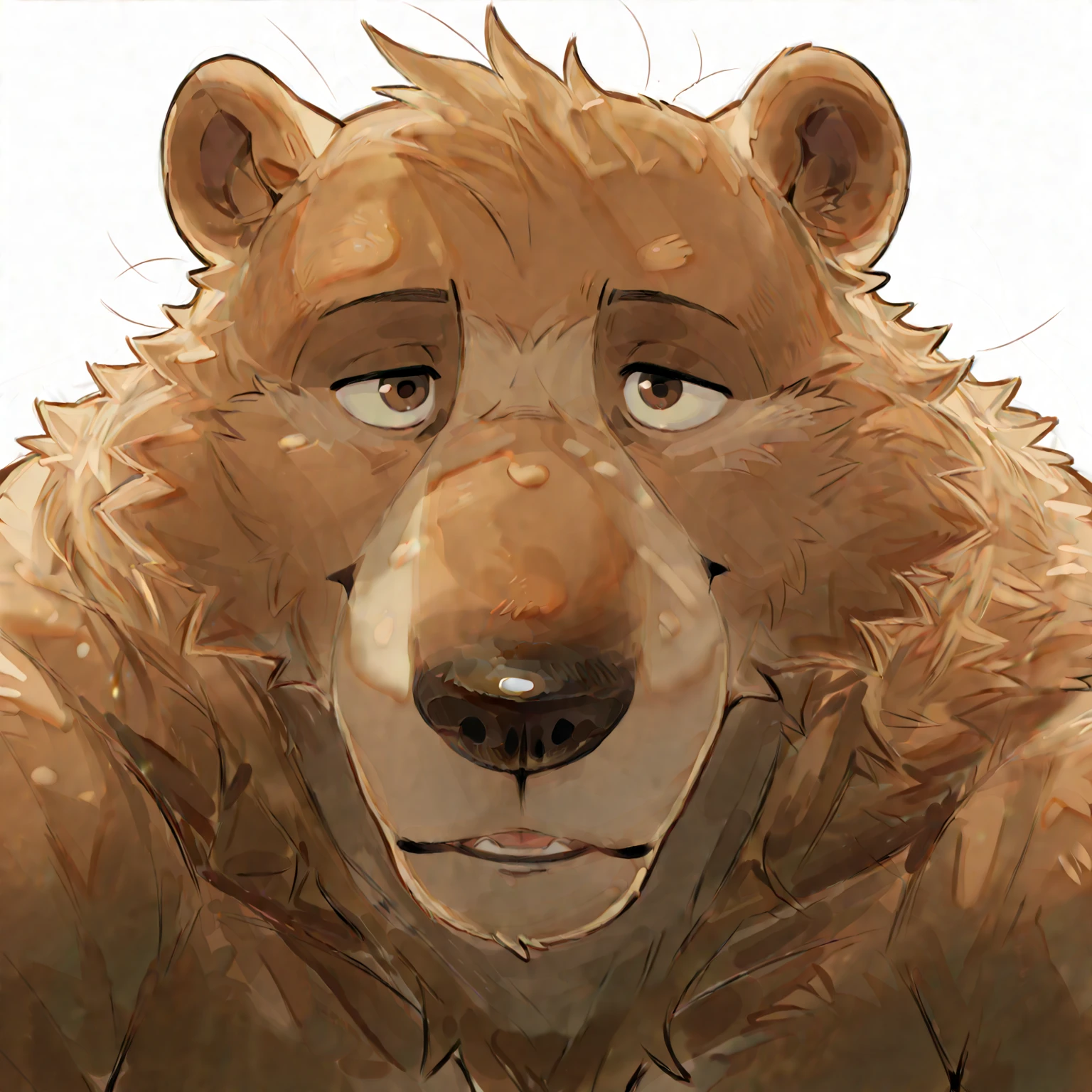 portrait of anthropomorphic grizzly bear with a green hair, closed smile, high quality furry art.
