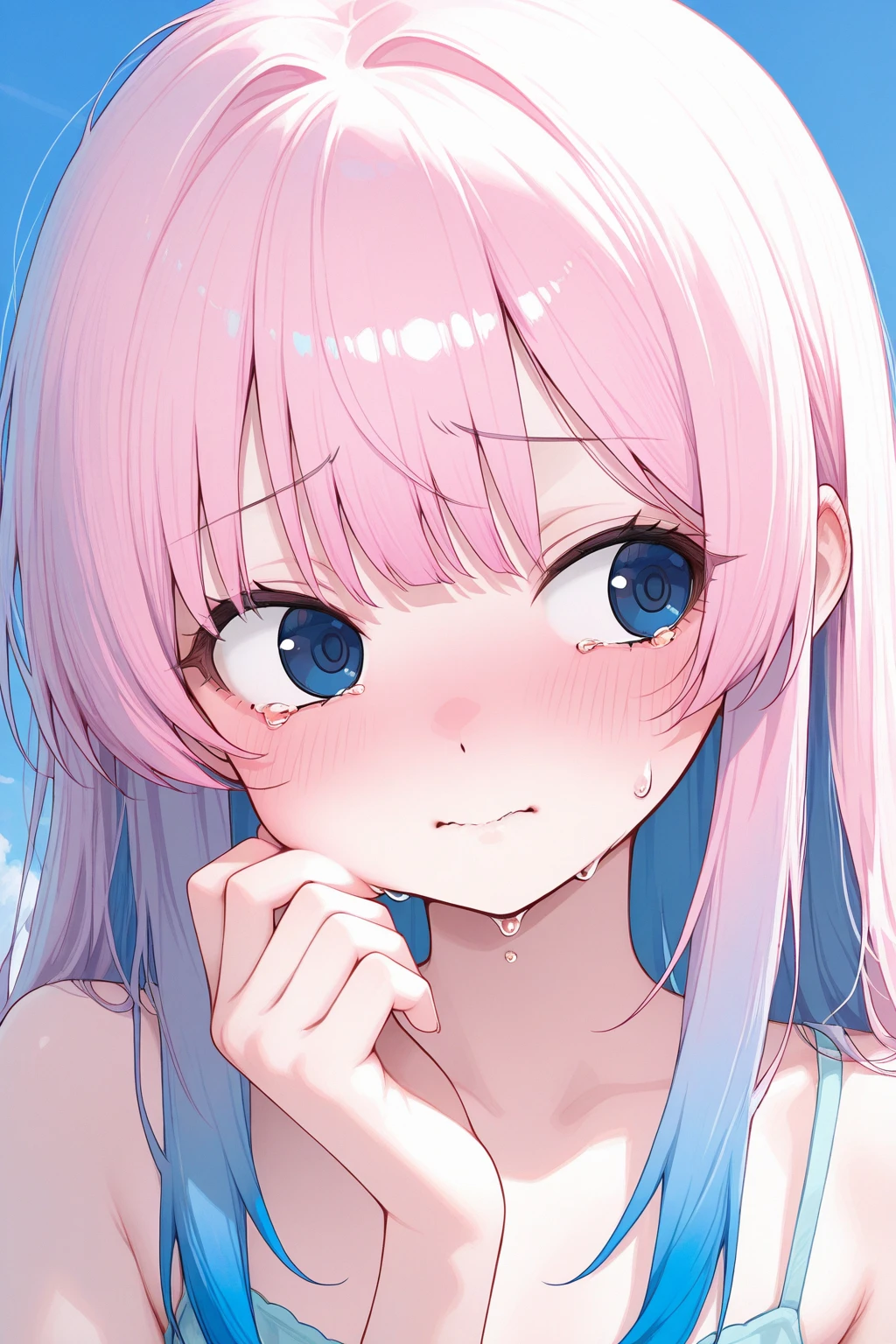 a girl with pink hair, long double-tailed hairstyle ((small pink bushy eyebrows)), wearing lolita bikini, marked ,  (Zankuro) drawing style by zankuro artist, ザンクロー style, image uploaded to R34, girl    bubbling out of her mouth, on a street, girl giving a  to a man, girl tasting a finger
