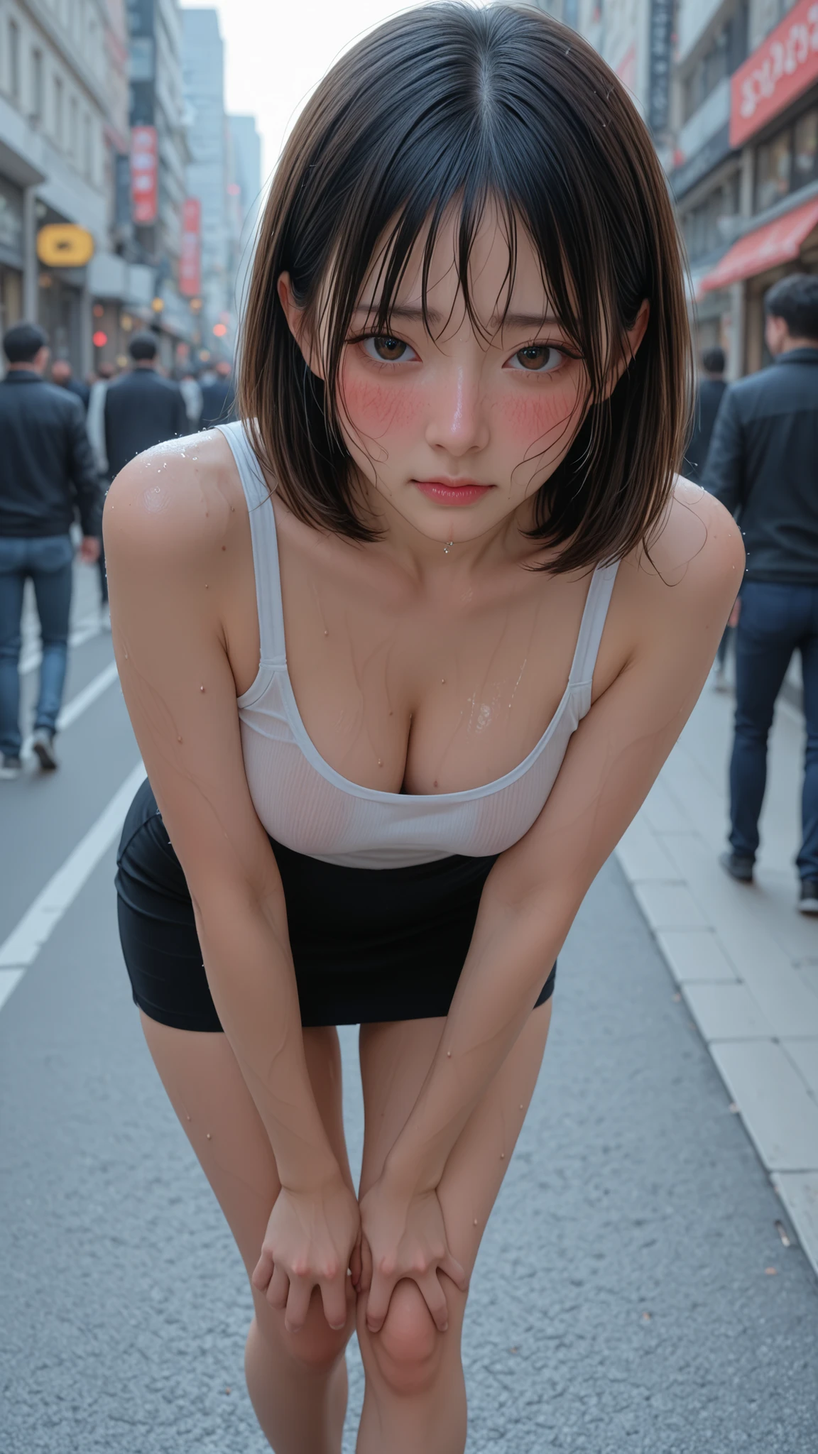 Girl walking leaning forward on City Street, impatience、Puzzled、Sweaty face, Shy,