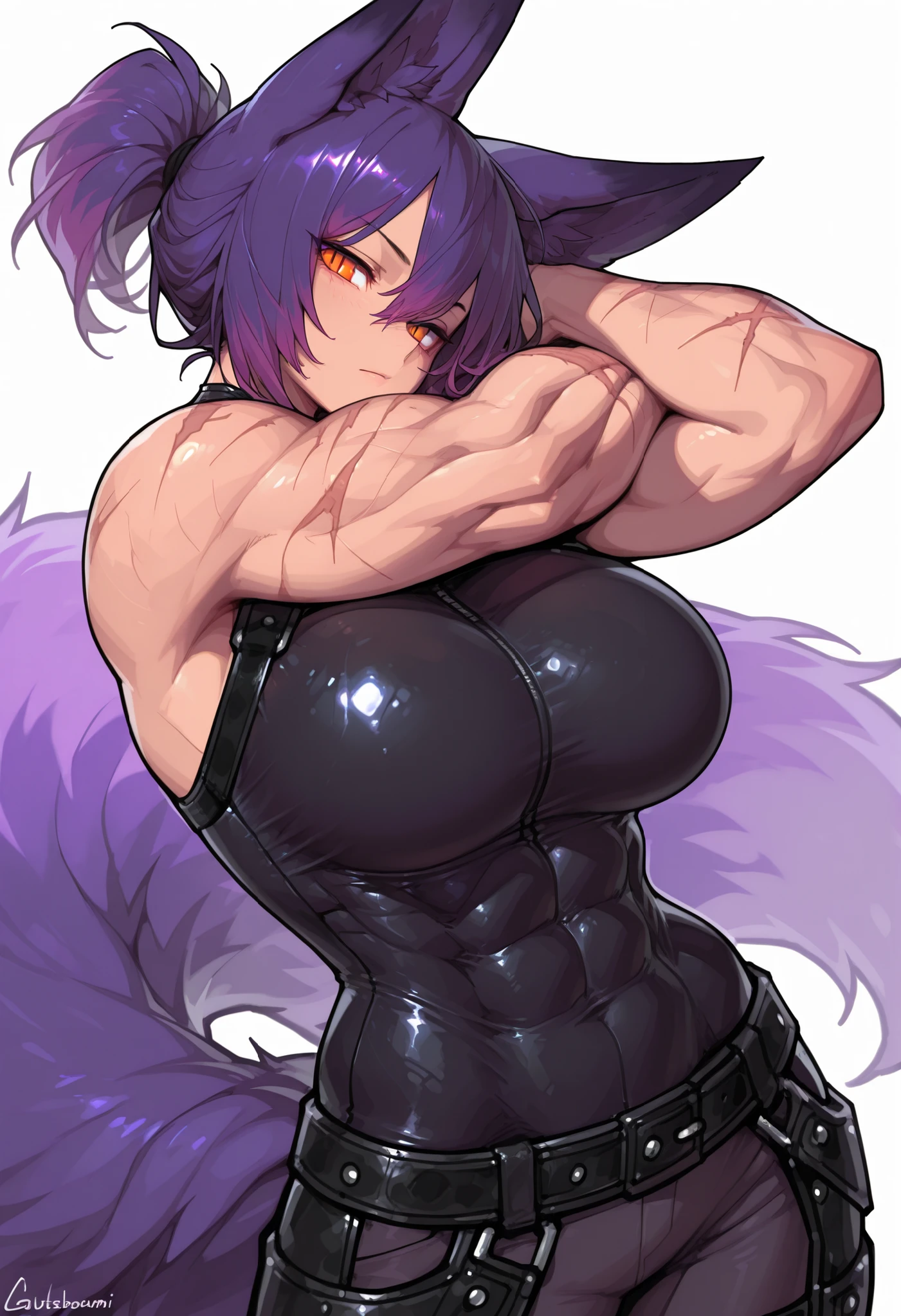 gorgeous kitsune girl, beautiful face, kitsune, purple color hair, hunter girl, orange eyes, slit pupils, detailed eyes, personalami style, volputrous body, covered breasts, curvy and athletic, kitsune ears, hair tied in a ponytail, lean muscles, black bodysuit, pants, leather armor, bare arms and neck, scars on arms, light abs, calm, lean but muscular arms and legs, athletic body, kitsune ears, dominant expression, masterpiece, ultra definition, simple white background, fantasy character, detailed face, mystical atmosphere, dynamic combat pose