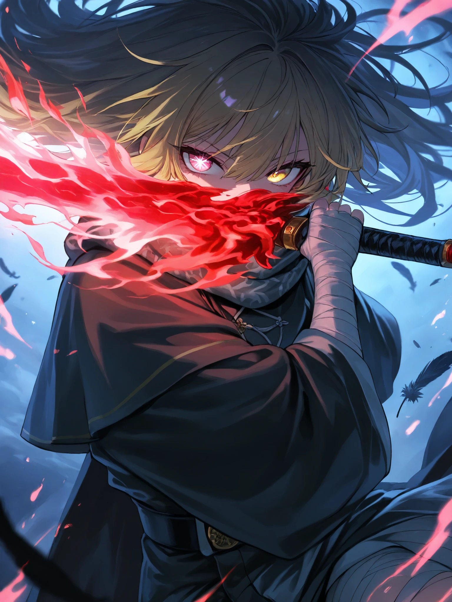 748cmstyle,(looking at viewer, side shot:0.72), warrior, (face shot:1.1), (1girl:0.665), solo, masterpiece, best quality, amazing quality, very aesthetic, high resolution, ultra-detailed, thick hair, multicoloured hair, (covered mouth:1.3), peafowl feathers, blooded sword, flaming sword, ruffled hair, two tone hair, dynamic pose, murderous expression, gradient hair, messy hair, hair in front of eyes, chinese clothes, tight clothes, royal guard, cape, grey print scarf, black robe, FaustHeishou, yellow eyes, black belt, bandaged arm, bandaged legs, black bandages, ruby hoshino, long hair, bangs, blonde hair, pink eyes, sidelocks, symbol-shaped pupils, tsurime, narrow eyes