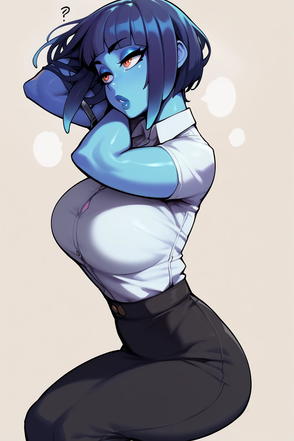 1girl, glowing hair, rainbow hair, rainbow eyes, dark background, black skin, smug, smirk, portrait, white unbuttoned shirt, massive breasts, breast lift, head tilt, 
