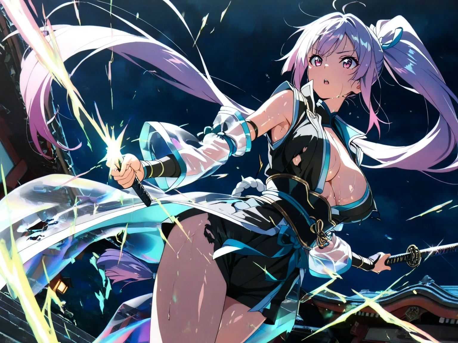 top-quality、Top image quality、​masterpiece、teens girl((White and blue hoodie、Black skirt、18year old、 Ager、Best Bust、big bast,Beautiful light blue eyes, Long silver hair、A slender,Large valleys、Reflecting the whole body、Leaning forward、Attach the VR visor to your eyes、jumping pose、Excited face、play VR,Japan holding a sword)),hiquality、Beautiful Art、Background with(( Cyber World、Cyber World、Space world))​masterpiece、depth of fields,