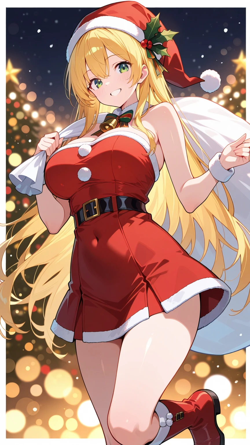 score_9,score_8_up,score_7_up,score_6_up , source_anime, quetzalcoatlSS, chin green gem, christmas, 1girl, one eye closed, swimsuit, blonde hair, large breasts, headdress, santa bikini, green eyes, Christmas lights, antlers, hair ornament, open mouth, smile, navel, armpits, ;d, red bikini, sandals, looking at viewer, fur-trimmed bikini, white background, blush, standing on one leg, fur trim, cleavage, arm up, simple background, bell, wings, feathers, leg up, <lora:QuetzalcoatlFate-Xl-V7:1>