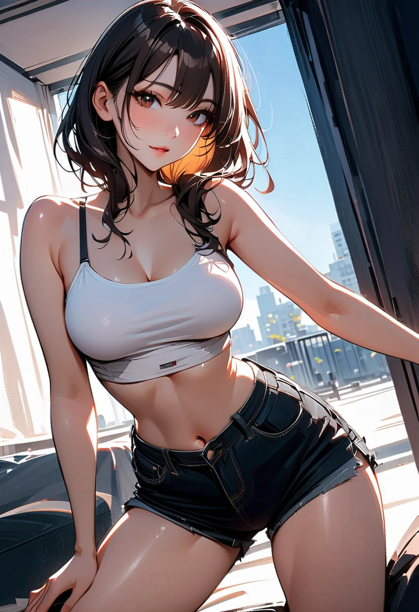 (masterpiece:1.2, best quality1:1, ultra-detailed:1.2, best shadow, 8k:1.1), (massive city:1.3, rooftop:1.1, city structures below, handrails), (contrasting background, bright background), (beautiful detailed face), high contrast, (perfect illumination:1.2, beautiful color, delicate color), ((cinematic light)), colorful, hyper detail, dramatic light, intricate details, (1 girl, solo, brown hair, smiling face, short hair, wavy hair:1.1, blue eyes, dynamic angle, white tanktop, jeans, cowboy shot, arms down), depth of field