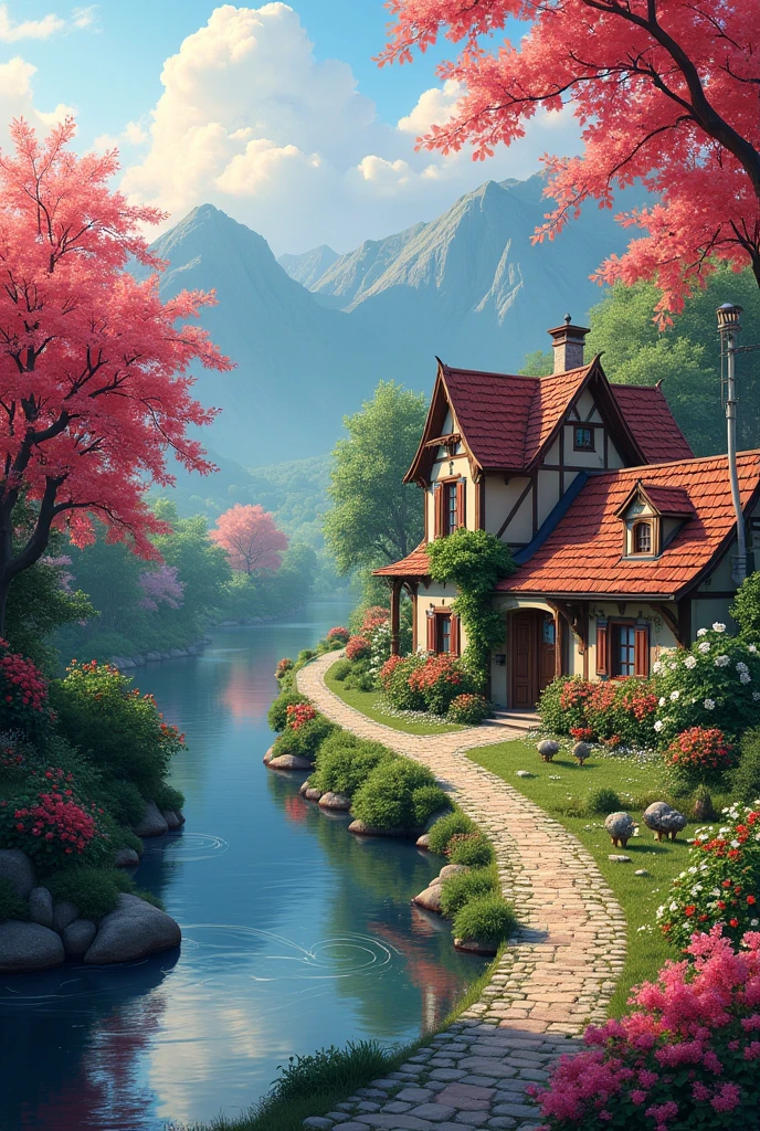 a small village by the river，Background is mountains，Flowers bloom，Brightly colored，Detailed Scenery，Beautiful Natural Scenery，Ambiance Lighting，Burning Sunsets，warm colors，utility，utility摄影，Detailed Leaves，Intricate architecture，cobblestone streets，charming country house，Swirling bright colors，dense vegetation，Intricate architecture，picturesque，Relaxed and Quiet，artwork of a，Best quality，8k，Extremely detailed，Anime Style