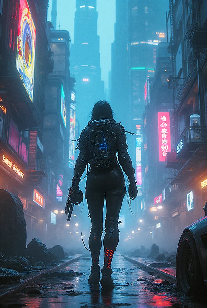 Close-up, a beautiful French woman, tattered clothes, wild long hair, tattered clothes , cleaveage, action movie scene, Dystopian Dinner Cinematic Blade Runner, natta, busy with neon signs, blade runner aesthetics,  film cinematography, gangue trash, attractive person, High emphasis on detail, wearing weather technology equipment, gangue trash, full of life, gangue trash, action movie shot by Kon Satoshi, style semi impasto, dark ink, Atmospheric, Ablaze, lighting dramatic, Beautiful  eyes, symmetric eyes, perfects eyes. Matrix style, (((Matrix cascading code))), (((a futuristic twin tower skyscraper with a unique twisted design))), (((OLED GUI interfaces in the building))), at night, (((((1girl, solo))))), photo realistic, (((((((large-breast:1.2 slim body, cleavage:1.4))))))), (((((off broken mini sling-shirt and black sling , extreamly short pleated  exposing ))))), (((((running pose))))), (((((((matrix style black micro sunglasses))))))), ((((((((((aiming with a short gun)))))))))), (((((looking at camera))))), (((very low view))), (((((half-body thigh level medium shot))))), (((cinematic lighting))).