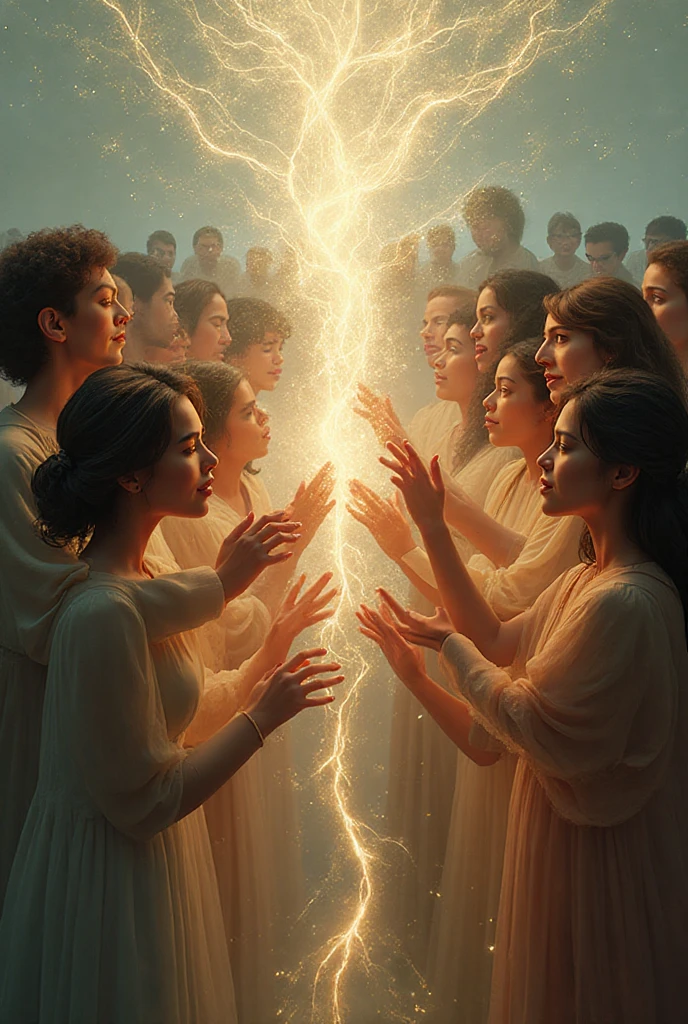 A group of people, with their hands raised and eyes closed