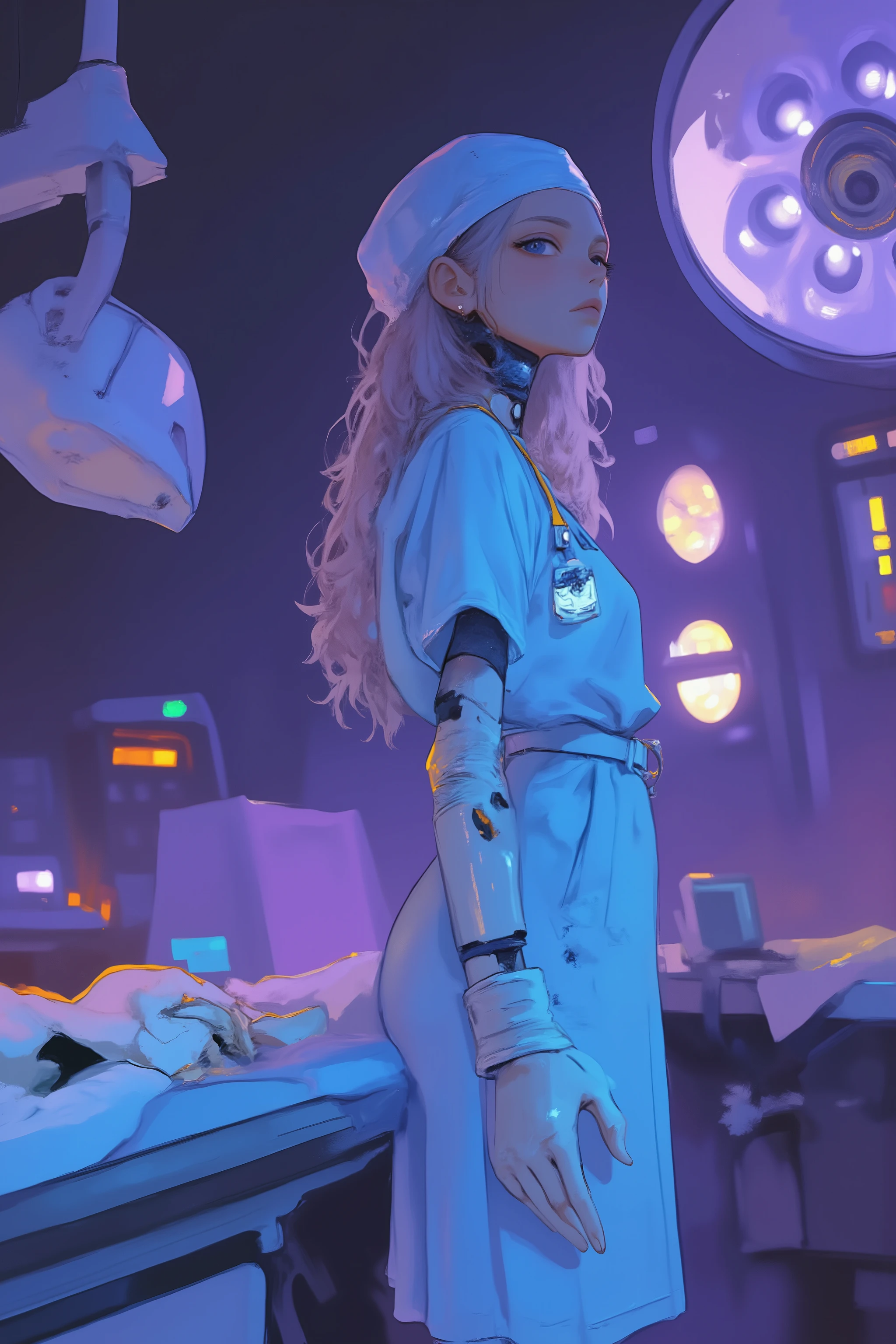 doctor woman standing at the back of the operating table,Half a machine but a human figure,Mysterious and Fantastic Atmosphere,Prosthetic arm,wear a surgical gown over the scrub、are sterilized gowns that prevent transmission of liquids and microorganisms,have airtight cuffs and front、wear a surgical gown over the scrub,surgical cap(cap)Gloves that cover the hair(latex or nitrile)Wear ,Backlit,Ultra-realistic composition,surreal style,neo-surrealism in shades of white, purple, and blue,Digital Art, surrealistic Digital Art work, Surreal scene,Made with surreal photos , surreal 3 d render, surrealism conceptual art,Dreamy Art,Made with surreal photos graphy, surrealist photography ,Ultra high definition ,very detailed, proximity method ,Strange 80s Style Synthwave,Synth Wave Style, Miami Synthwave ,synth wave art style from 2009 SF8K movie,spectacular retro wave art,post-apocalypse,The main colors are dark blue Purple,use orange or yellow sparingly as an accent color,Translucent hair, color outline ,She's an Android