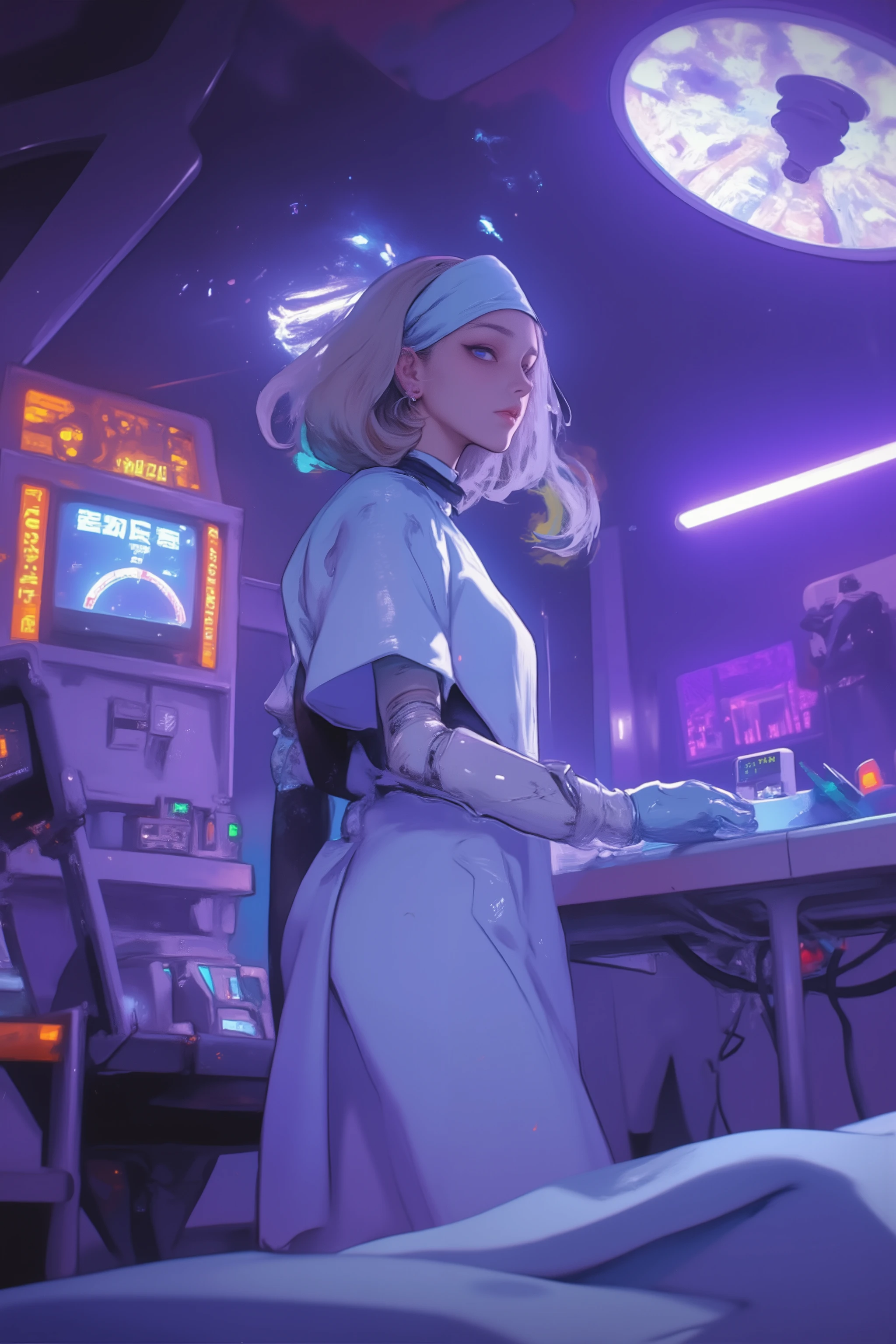 doctor woman standing at the back of the operating table,Half a machine but a human figure,Mysterious and Fantastic Atmosphere,Prosthetic arm,wear a surgical gown over the scrub、are sterilized gowns that prevent transmission of liquids and microorganisms,have airtight cuffs and front、wear a surgical gown over the scrub,surgical cap(cap)Gloves that cover the hair(latex or nitrile)Wear ,Backlit,Ultra-realistic composition,surreal style,neo-surrealism in shades of white, purple, and blue,Digital Art, surrealistic Digital Art work, Surreal scene,Made with surreal photos , surreal 3 d render, surrealism conceptual art,Dreamy Art,Made with surreal photos graphy, surrealist photography ,Ultra high definition ,very detailed, proximity method ,Strange 80s Style Synthwave,Synth Wave Style, Miami Synthwave ,synth wave art style from 2009 SF8K movie,spectacular retro wave art,post-apocalypse,The main colors are dark blue Purple,use orange or yellow sparingly as an accent color,Translucent hair, color outline ,She's an Android