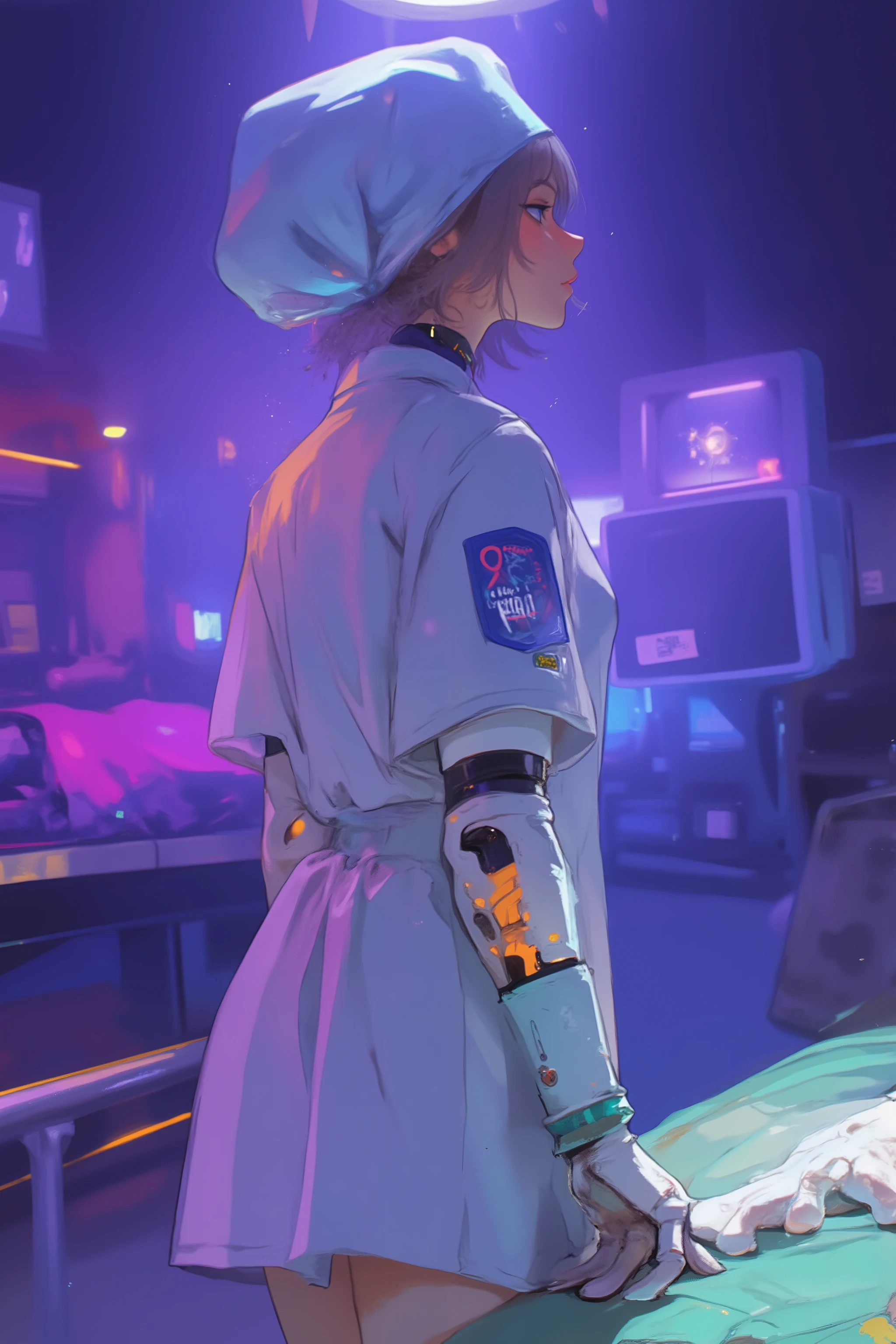doctor woman standing at the back of the operating table,Half a machine but a human figure,Mysterious and Fantastic Atmosphere,Prosthetic arm,wear a surgical gown over the scrub、are sterilized gowns that prevent transmission of liquids and microorganisms,have airtight cuffs and front、wear a surgical gown over the scrub,surgical cap(cap)Gloves that cover the hair(latex or nitrile)Wear ,Backlit,Ultra-realistic composition,surreal style,neo-surrealism in shades of white, purple, and blue,Digital Art, surrealistic Digital Art work, Surreal scene,Made with surreal photos , surreal 3 d render, surrealism conceptual art,Dreamy Art,Made with surreal photos graphy, surrealist photography ,Ultra high definition ,very detailed, proximity method ,Strange 80s Style Synthwave,Synth Wave Style, Miami Synthwave ,synth wave art style from 2009 SF8K movie,spectacular retro wave art,post-apocalypse,The main colors are dark blue Purple,use orange or yellow sparingly as an accent color,Translucent hair, color outline ,She's an Android