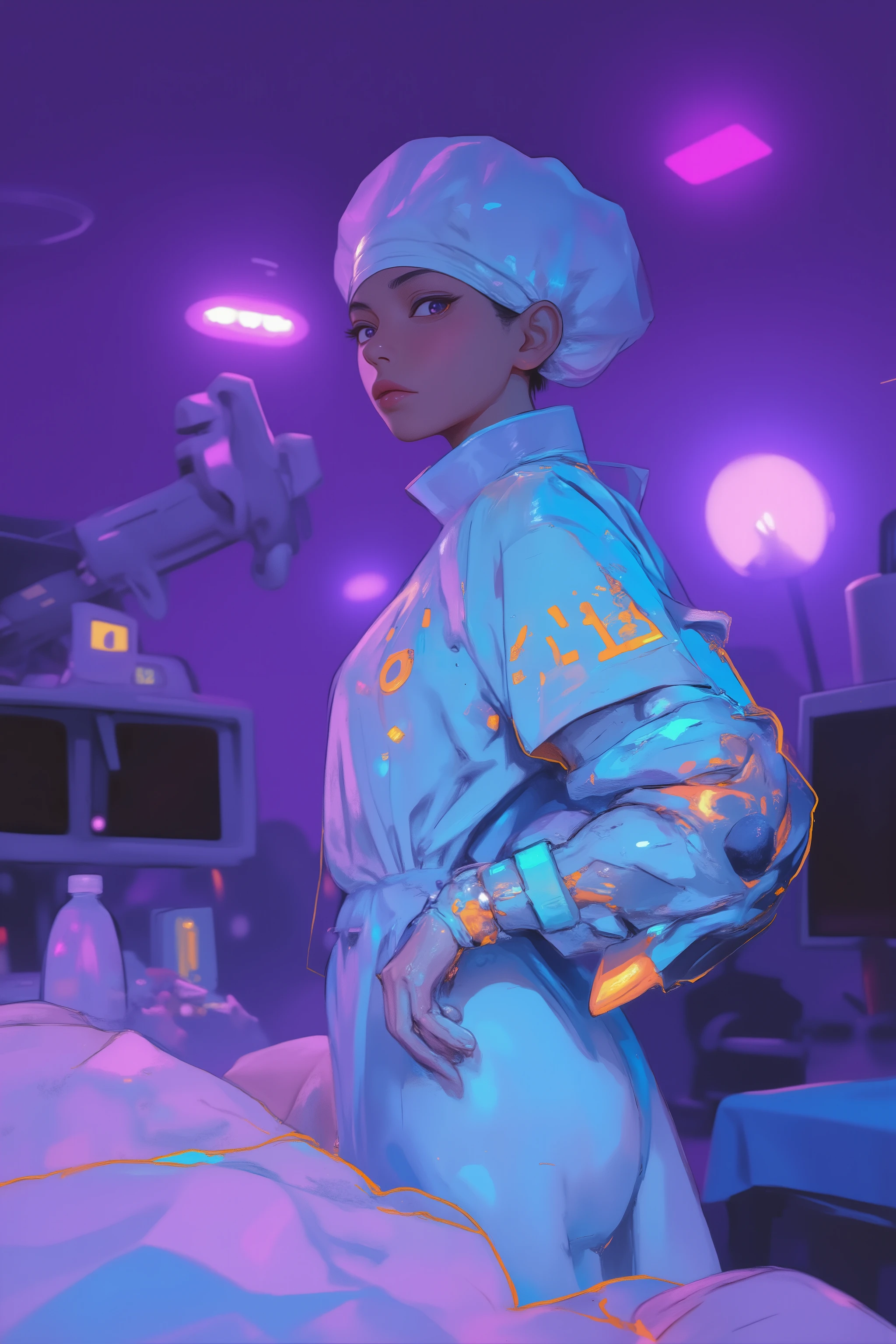 doctor woman standing at the back of the operating table,Half a machine but a human figure,Mysterious and Fantastic Atmosphere,Prosthetic arm,wear a surgical gown over the scrub、are sterilized gowns that prevent transmission of liquids and microorganisms,have airtight cuffs and front、wear a surgical gown over the scrub,surgical cap(cap)Gloves that cover the hair(latex or nitrile)Wear ,Backlit,Ultra-realistic composition,surreal style,neo-surrealism in shades of white, purple, and blue,Digital Art, surrealistic Digital Art work, Surreal scene,Made with surreal photos , surreal 3 d render, surrealism conceptual art,Dreamy Art,Made with surreal photos graphy, surrealist photography ,Ultra high definition ,very detailed, proximity method ,Strange 80s Style Synthwave,Synth Wave Style, Miami Synthwave ,synth wave art style from 2009 SF8K movie,spectacular retro wave art,post-apocalypse,The main colors are dark blue Purple,use orange or yellow sparingly as an accent color,Translucent hair, color outline ,She's an Android