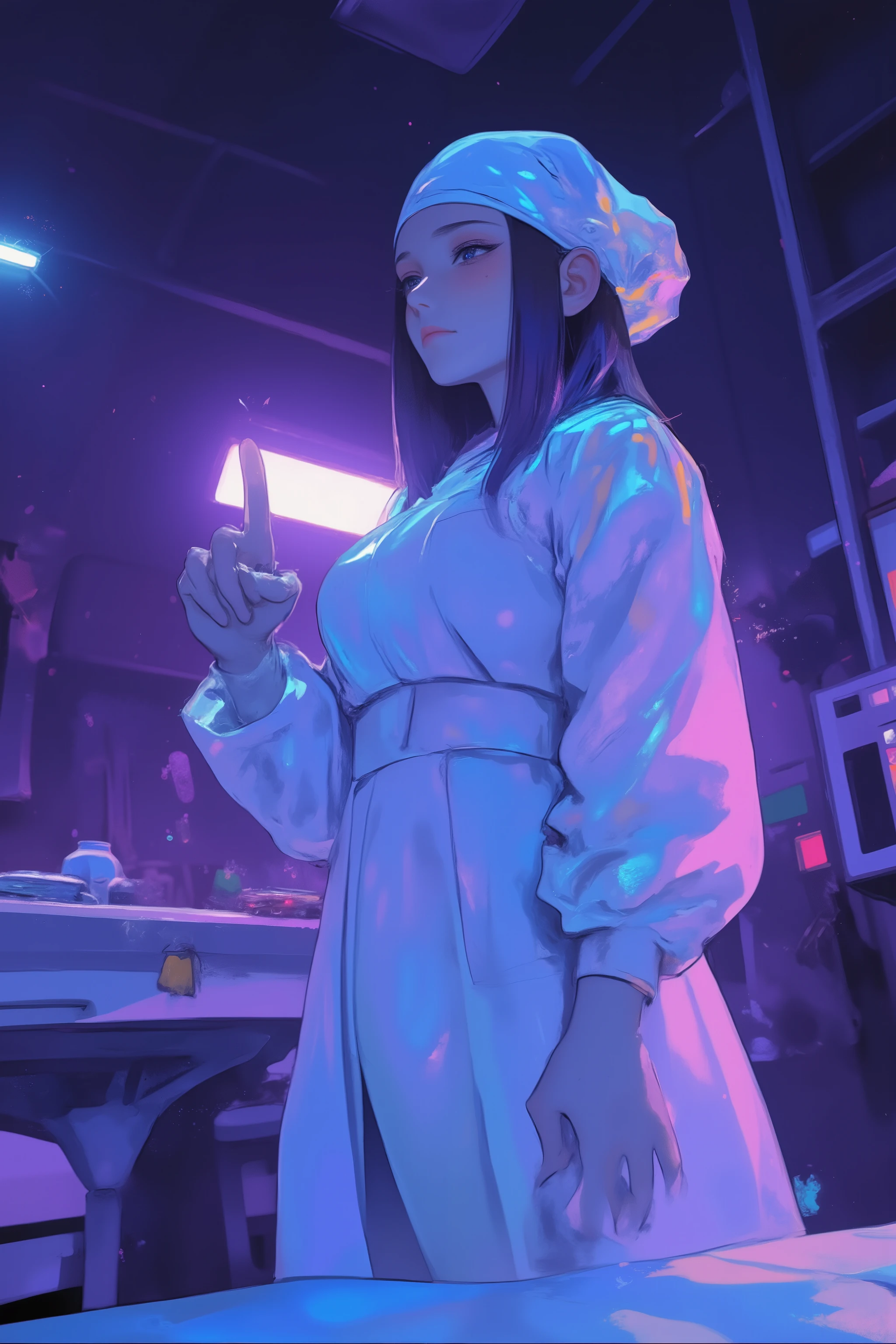 doctor woman standing at the back of the operating table,Half a machine but a human figure,Mysterious and Fantastic Atmosphere,wear a surgical gown over the scrub、are sterilized gowns that prevent transmission of liquids and microorganisms,have airtight cuffs and front、wear a surgical gown over the scrub,surgical cap(cap)Gloves that cover the hair(latex or nitrile)Wear ,Backlit,Ultra-realistic composition,surreal style,neo-surrealism in shades of white, purple, and blue,Digital Art, surrealistic Digital Art work, Surreal scene,Made with surreal photos , surreal 3 d render, surrealism conceptual art,Dreamy Art,Made with surreal photos graphy, surrealist photography ,Ultra high definition ,very detailed, proximity method ,Strange 80s Style Synthwave,Synth Wave Style, Miami Synthwave ,synth wave art style from 2009 SF8K movie,spectacular retro wave art,post-apocalypse,The main colors are dark blue Purple,use orange or yellow sparingly as an accent color,Translucent hair, color outline
