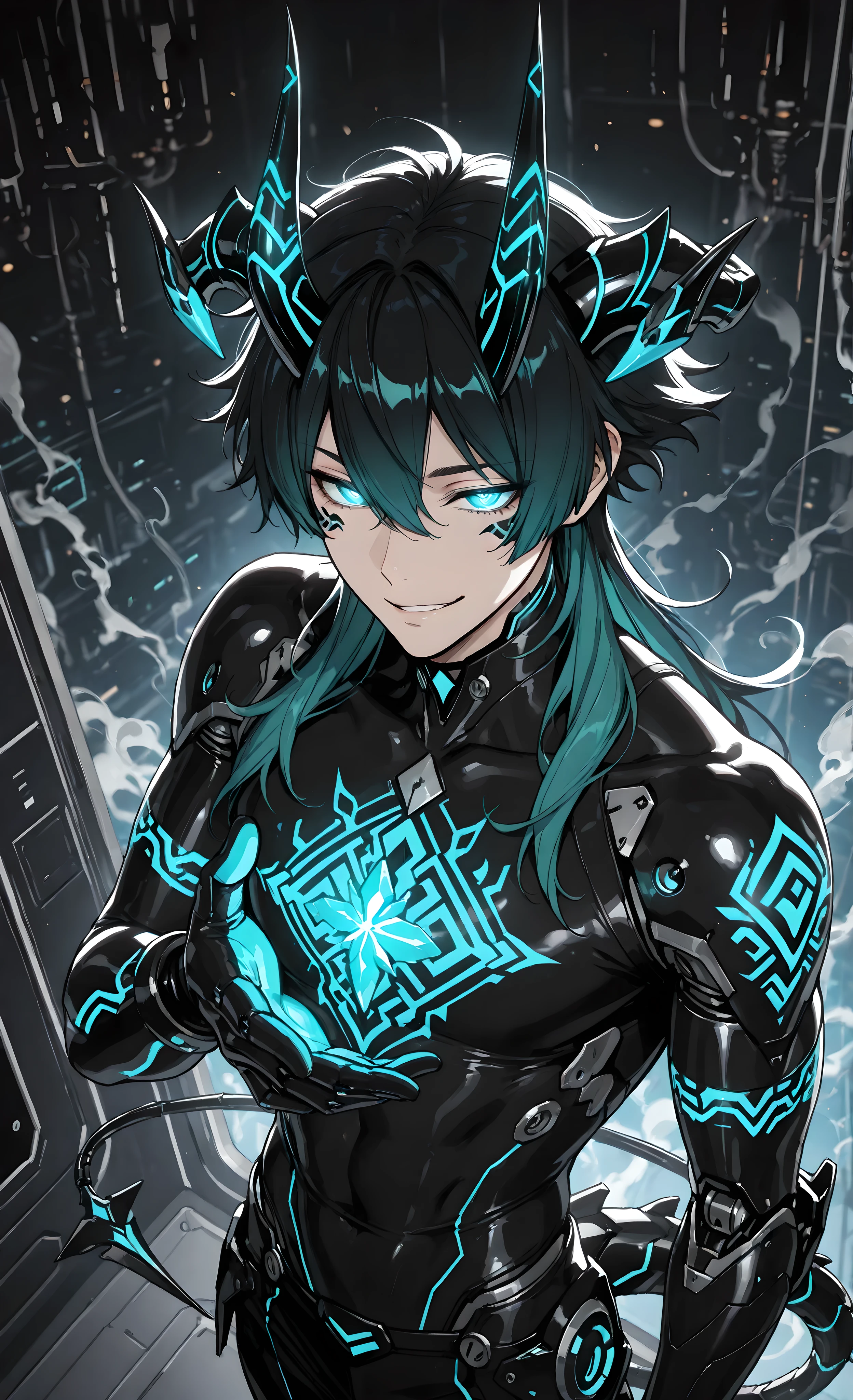 (masterpiece, best quality, ultra-detailed, 8k), anime style, dark fantasy, biomechanical aesthetic, 1 handsome young man, Asian descent, male focus, detailed face, striking teal glowing eyes, dark flowing hair, mischievous smirk, two metallic horns with glowing cyan circuits, sleek robotic arm with intricate teal glow, intricate tattoos and cyber-markings on chest and neck, teal crystal jewelry, dark mechanical tail with cyan patterns, half-body shot, close-up, view from above, intimate pose, dark futuristic laboratory, glowing consoles, smoke, cinematic lighting, mysterious atmosphere