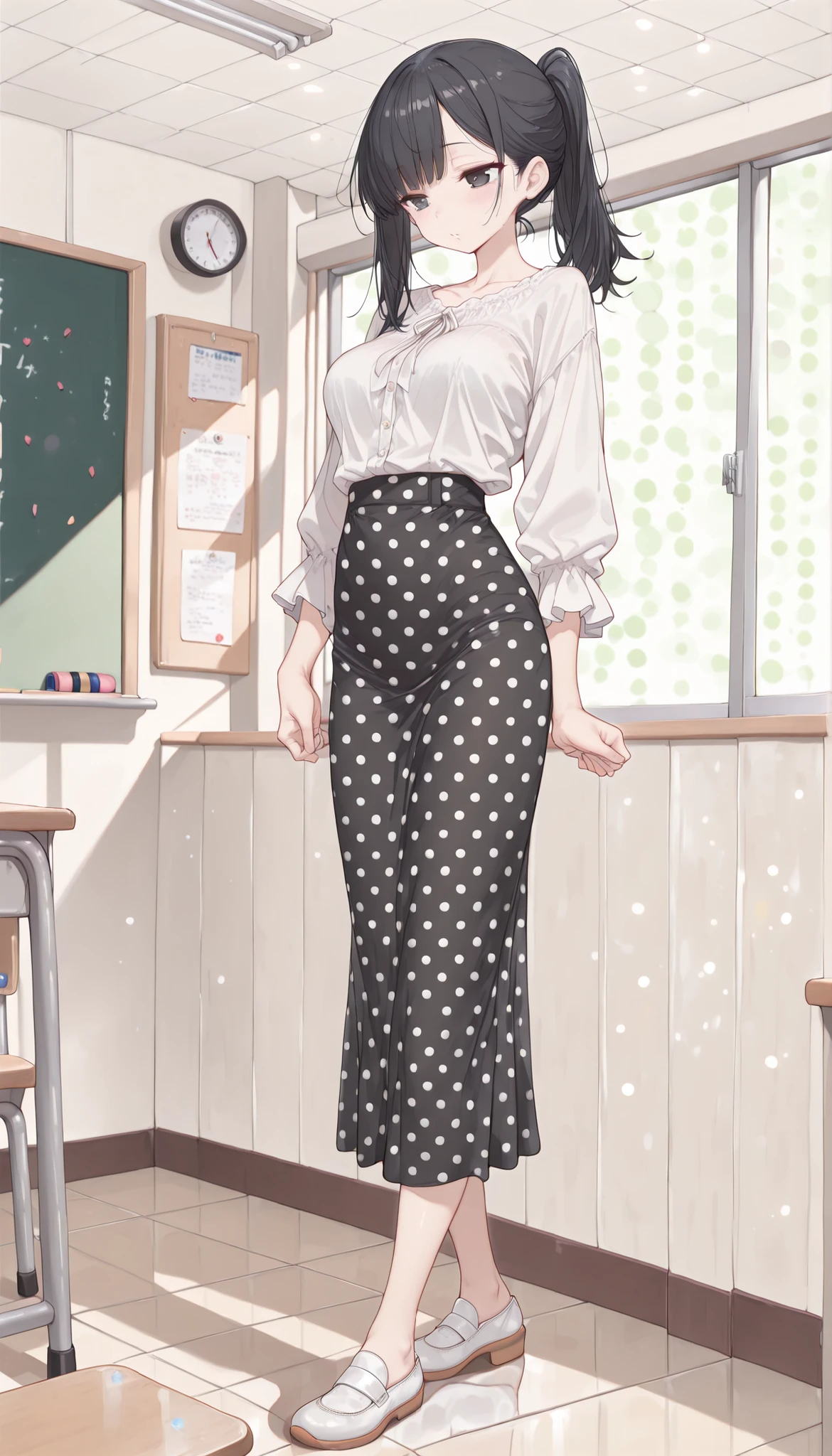Masterpiece, the best quality, high quality, ultra detailed, master-piece, hyper quality, hyper detailed, perfect drawing, excellent and accurate human body anatomy, sexy body figure, slim figure, 1 female, black eyes, long black hair (ponytail), wearing a cute white blouse, sexy polka dot long skirt, work shoes, looks so cute, ((full body)), youthful, classroom background, teacher, sexy cute, bokeh