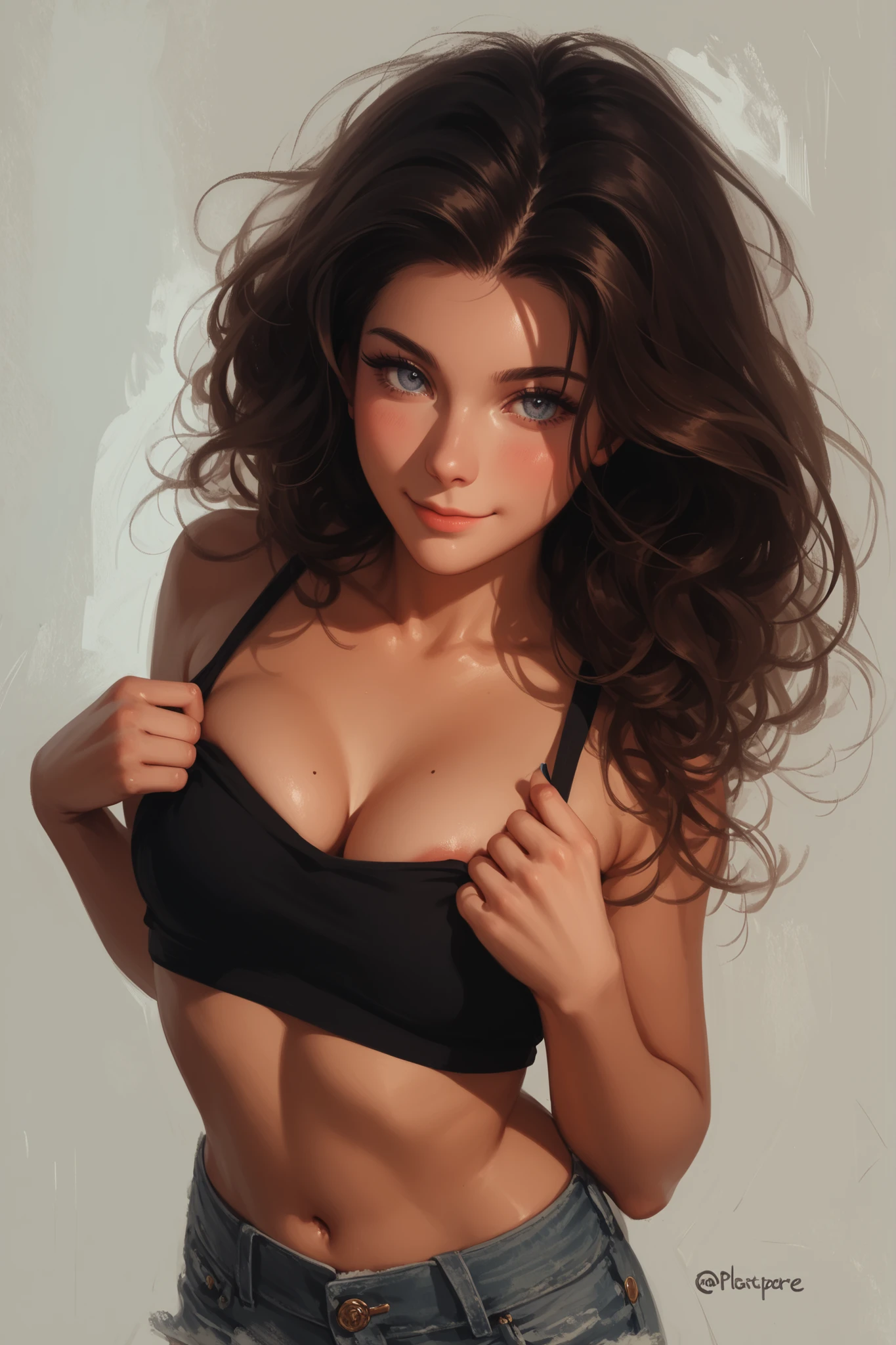 (teen girl, down-turned lips), ((closed mouth)), (masterpiece, ultra-detailed, Clear focus, shadow, ultra high resolution, 8K, perfect anatomy, delicate elaborate scenery. sexy teen girl, cute, ((pulling at her cleavage to show her breast)). Down-turned lips, (Masterpiece, excellent quality, ultra high quality drawing), (Masterpiece, excellent quality, ultra high quality drawing), Stable_Yogis_PDXL_Positives, eye shadow, smile