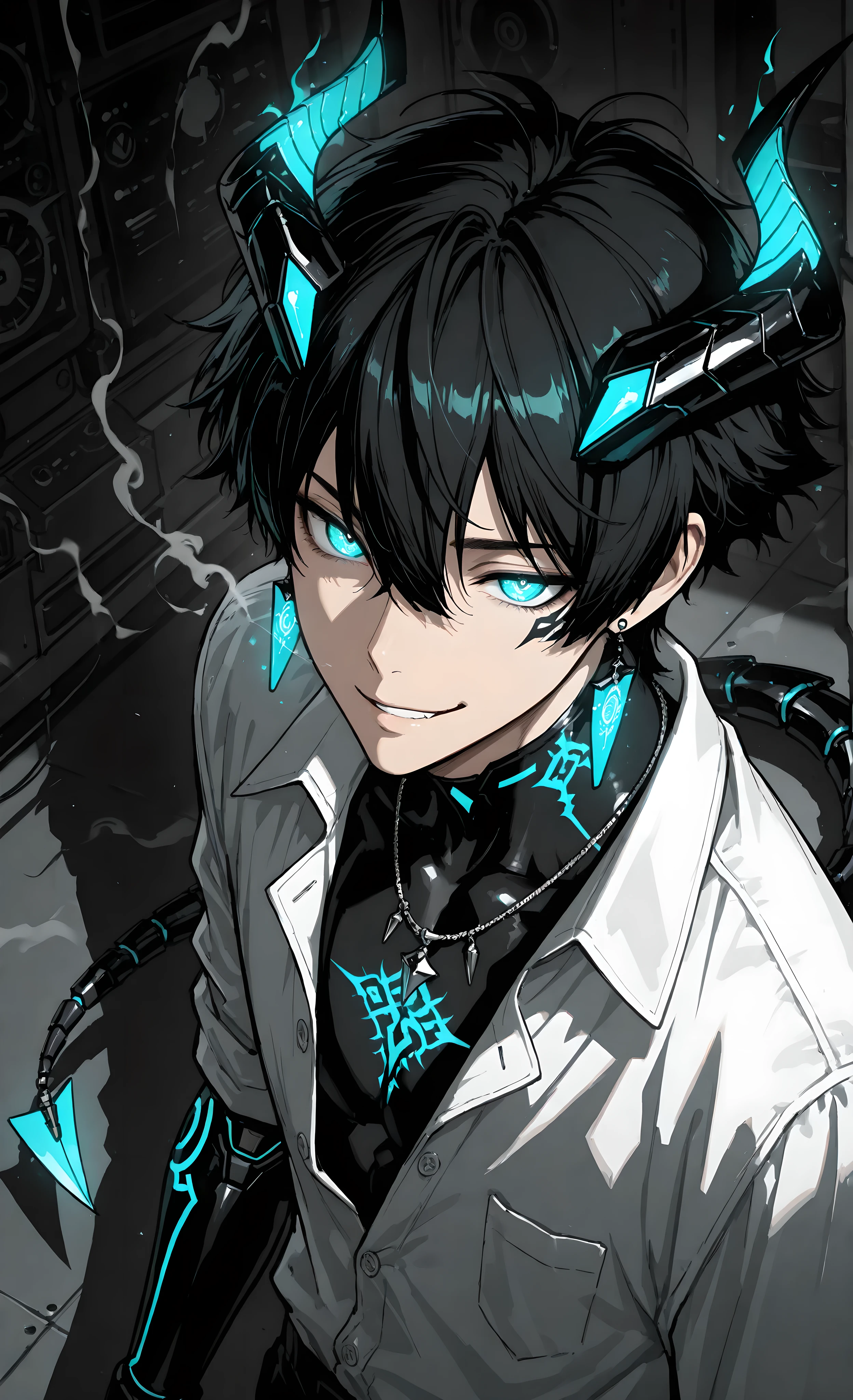 (masterpiece, best quality, best shadow, detailed eyes, 8k), (anime style, dark fantasy, gothic biomechanics), 1 handsome young man (Asian descent), male focus, detailed illustration, glowing effects, metallic horns with teal circuits, tattoos, intricate details, jewelry, mechanical tail, supernatural, mysterious atmosphere, cinematic lighting, close-up, smirk, half-body, smoke, ethereal, captivating ambiance. He has dark flowing hair, a mischievous smirk, and striking teal glowing eyes. Two metallic horns with glowing cyan circuits. He wears a partially unbuttoned white dress shirt, revealing intricate tattoos and detailed cyan glowing cybernetic markings. One arm is a sleek robotic arm with teal glow. Teal crystal earrings and necklace. A dark, serpentine mechanical tail with glowing cyan patterns coils near him. Setting: dark futuristic laboratory with glowing panels and smoke. Dramatic lighting. View from above.
