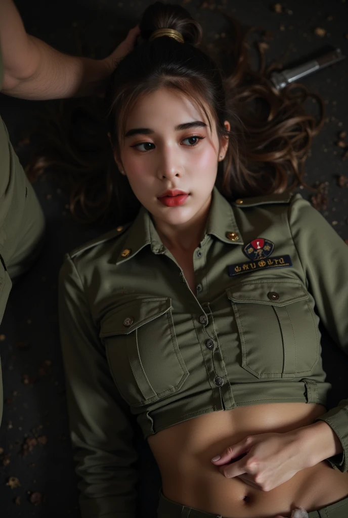  、Airplane on background、Air Force Pilot、Conversation with maintenance personnel inside the hangar、Fighters、dark green flight suit、High exposure、Photorealistic images of solo idols, Morning Musume inspired by Eri Kamei, Radiates charm and beauty with plenty of bust and subtle exposure of cleavage. The image is、Must reflect a real person of the highest quality, Powered by Ultra-HD (16 K) resolution, crisp detail, Vivid colors, Dynamic Range, Soft bokeh, Fine texture, Realistic realism, Pin Sharp Focus. 、The camera setup is、Nikon D850 and NIKKOR Z 58mm Boobs Boobs Boobs Boobs F。/0.95 S Noct lens,  The setting must be ISO 64, F/0.95, Shutter speed is 1/60. --ar 16:9 - V5.1 --Style raw --Q 2 --S 750