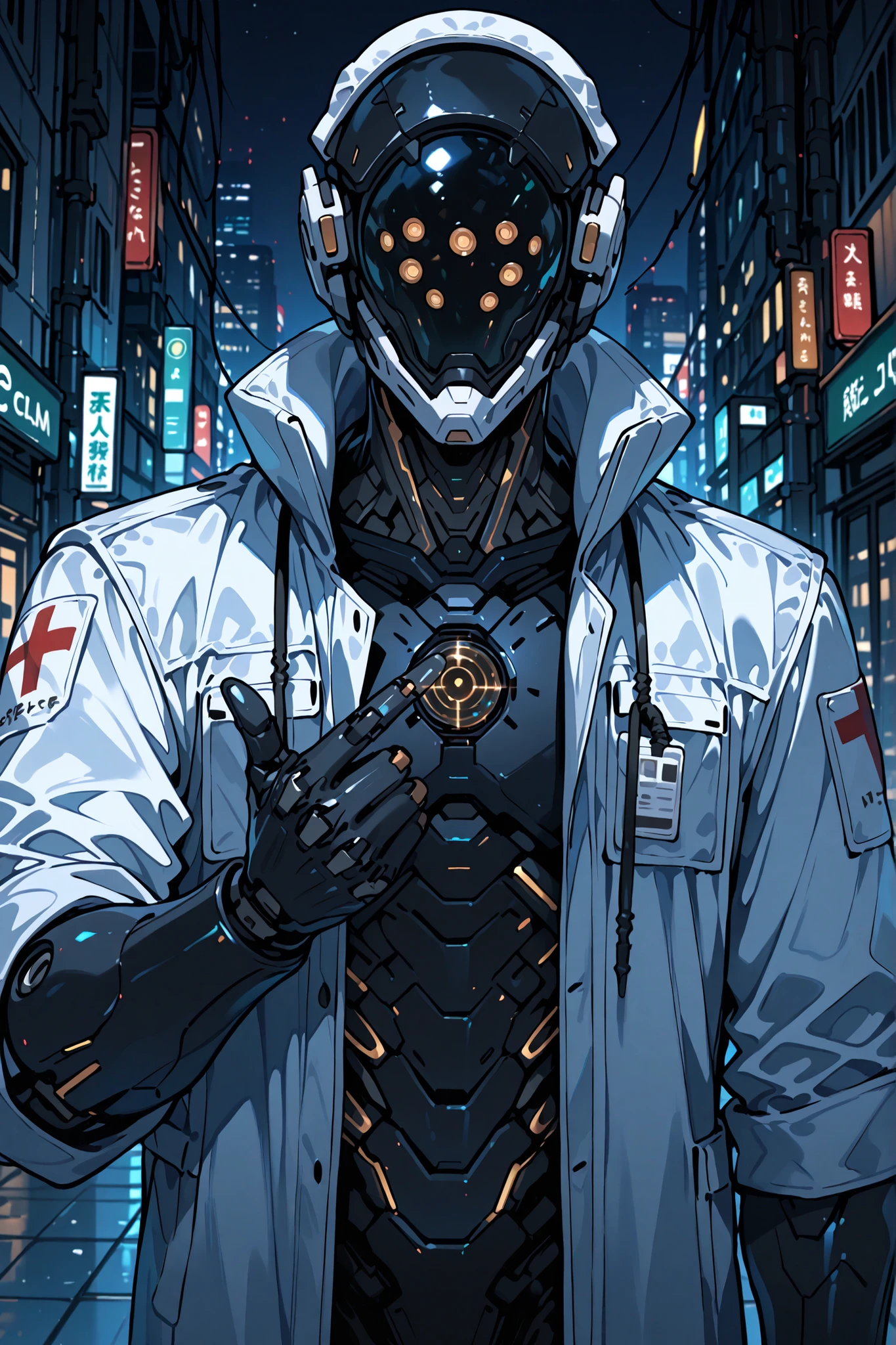high-tech and competent cyborg doctor。black glass sphere head,LED lights eyes.Wearing a white coat. It is equipped with mechanical arm unit to assist in surgery. its one thumb is pointing to the It has a futuristic body equipped with pipes and sensors. Point thumb to . Calm and reliable atmosphere、futuristic city medical facility background、precise and cinematic brilliance、cyberpunk-like composition。