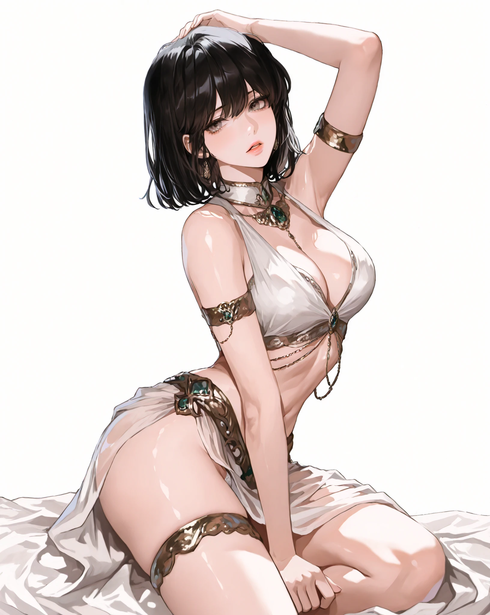 ((masterpiece)), Alone, beautiful adult woman, Han Sooyoung, Arabian princess dress, white top, bare abdomen, sarong white and transparent, Plain white underwear, elegant woman, short hair, black hair, gray eyes, sensual pose, neckline towards the front, leaning towarDs the camera, white background.