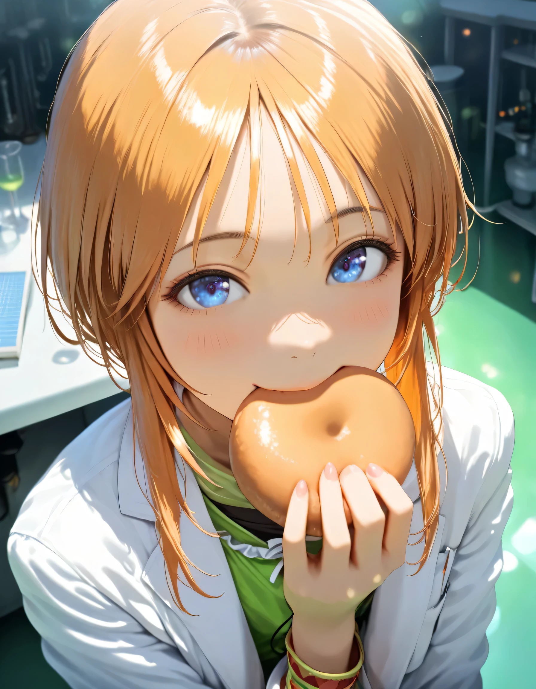 1girl, elpeo puru, umamusume, laboratory, cyborg, lab coat, Holding an anpan in her mouth, blue eyes, happy, 16k, Ultra detailed, (realistic, photorealistic : 0.5), masterpiece, high score, great score, absurdres