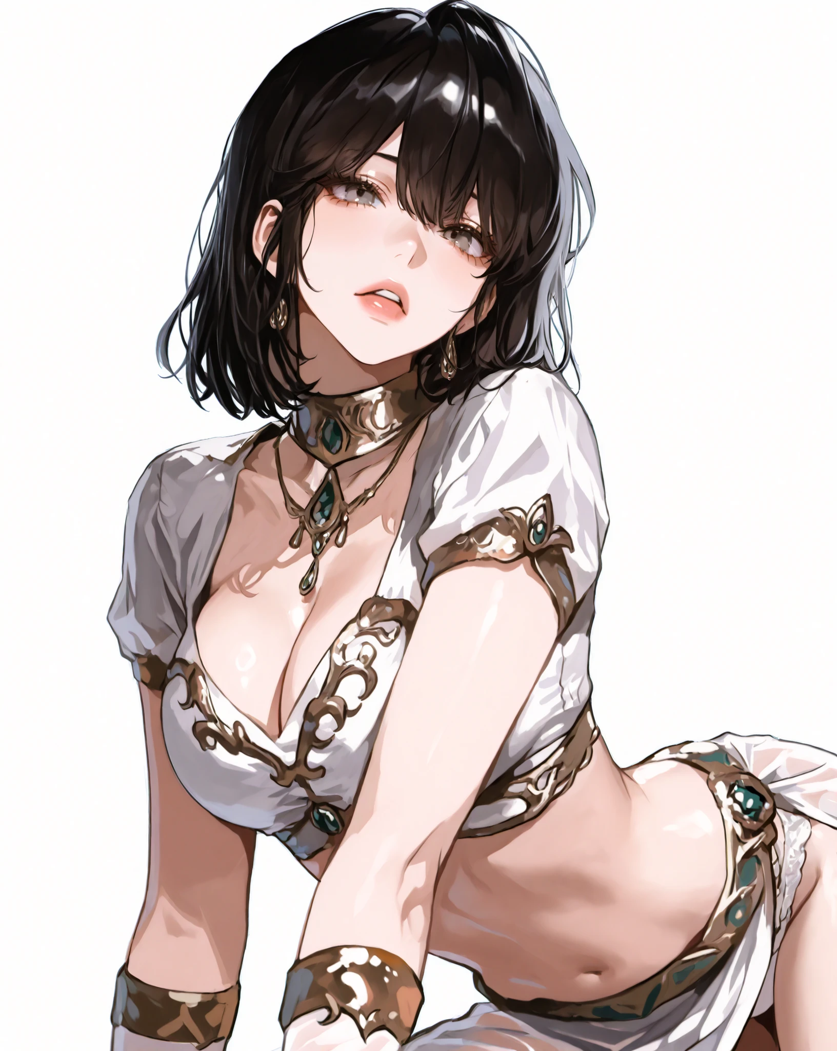 ((masterpiece)), Alone, beautiful adult woman, Han Sooyoung, Arabian princess dress, white top, bare abdomen, sarong white and transparent, Plain white underwear, elegant woman, short hair, black hair, gray eyes, sensual pose, neckline towards the front, leaning towarDs the camera, white background.