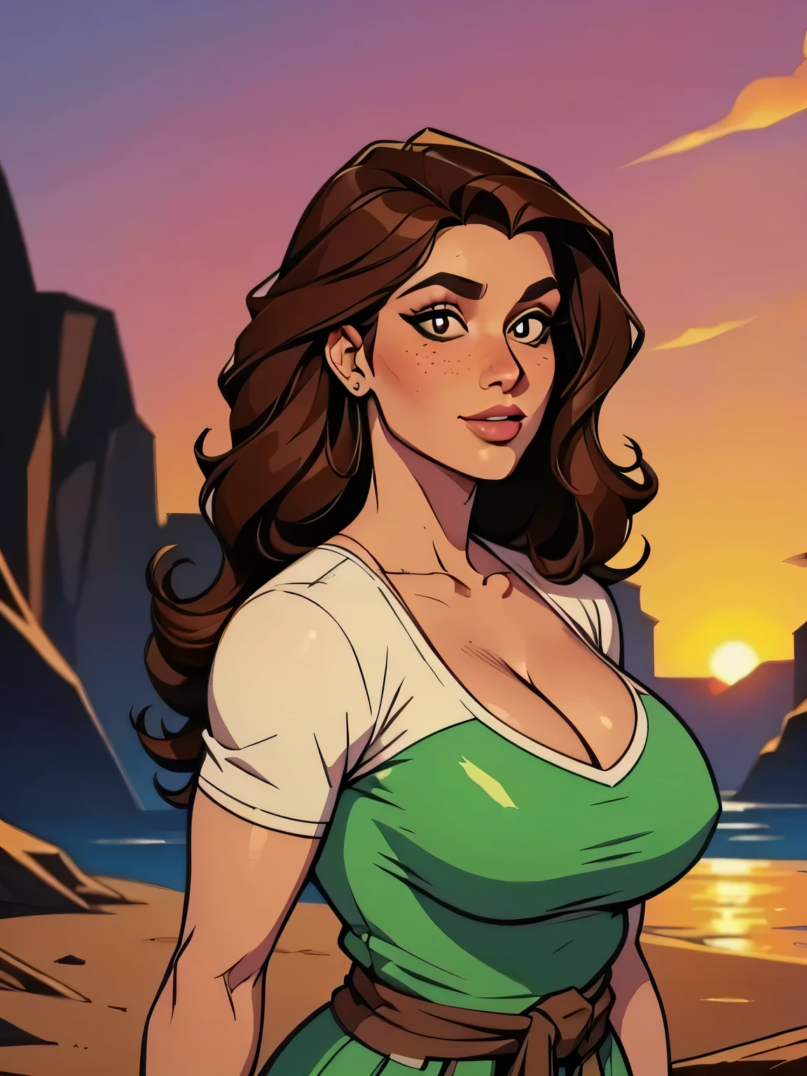 Melhor qualidade, obra de arte, (realista: 1.2) Close up of a thin woman , voluptuous and athletic (Jezebel Jade), 25 anos, 16k (( high definition )), sorriso suspirante, olhar sedutor ((looking at the viewer)), olhos castanhos, wearing a tight and discreet white dress ((decote em V rendado, puffy short sleeves )), cintura fina, He wears a white band around his waist, arms at the sides of the body, pele morena, (( long wavy brown hair )), She is alone in a cave (( upper body, From head to waist , side view 1 .4)), with freckles on the neck and , (( large, round 1.4)), (( Well defined collarbone)). estilo cartoon ((QG)), cave and sunset in the background.