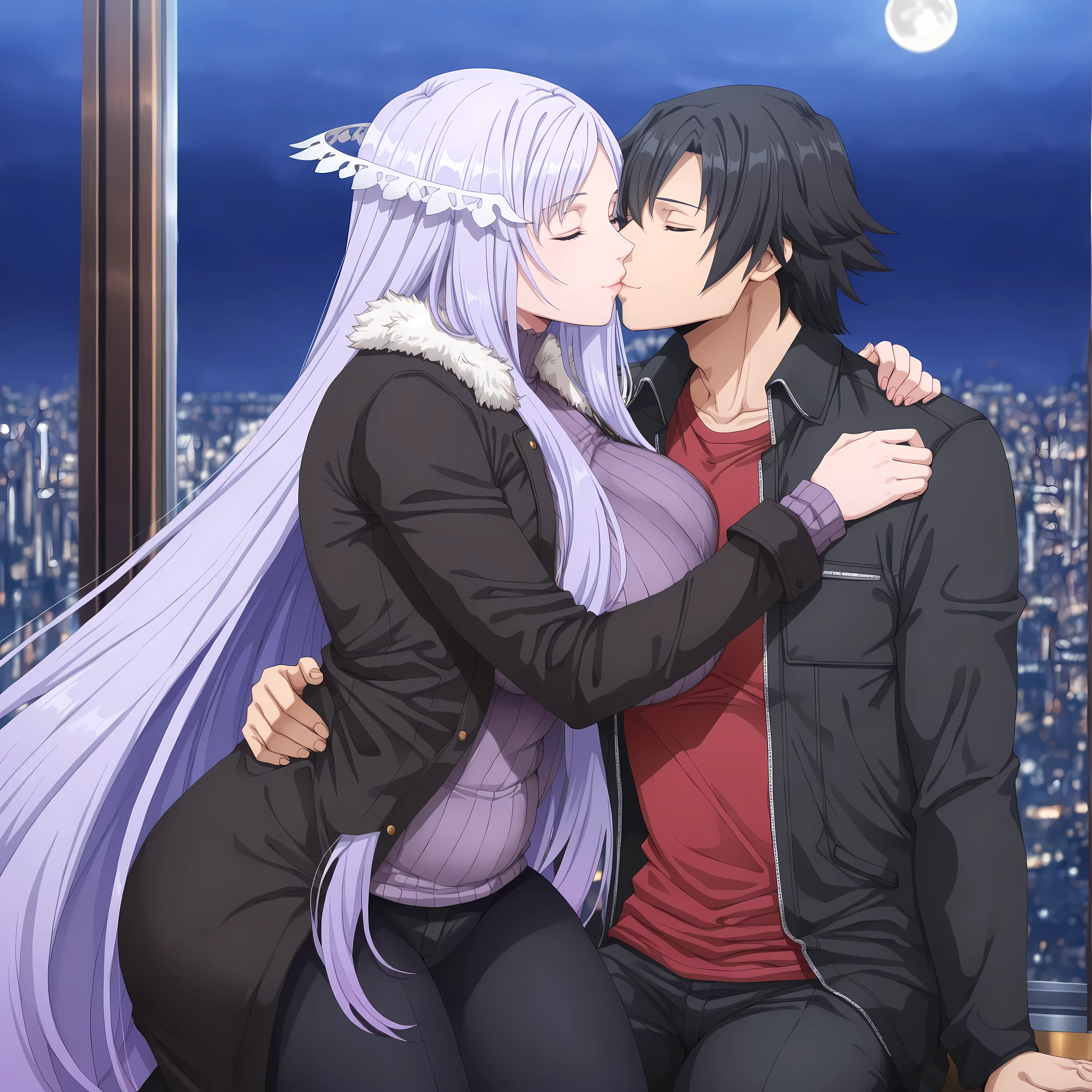 anime screencap, masterpiece, best quality, quinella, 1girl, adult Female, detailed face , long hair, light purple hair, close eyes, ractical body shape, glamorous bodies, attractive bodies, motherly, large curvy, Slutty, Neat, big breasts, thick thighs, (((black jacket) , purple turtleneck sweater, black pants,)), Lips, giyuu_tomioka love quinella lovey dovey couple very affective in a city, pullover, love , happy, ,1girl,, ,sitting, standing, kissing, 1boy, couple, husband and wife, happy, romantic kiss, passionated kiss, hug, ,((1boy, adult male, giyuu_tomioka, black hair, close eyes, bangs, long hair, (black jacket) , fur-trimmed jacket , red t-shirt , realistic, anime screencap, detailed shadows, realistic shadows,)), city manila, night, moon,