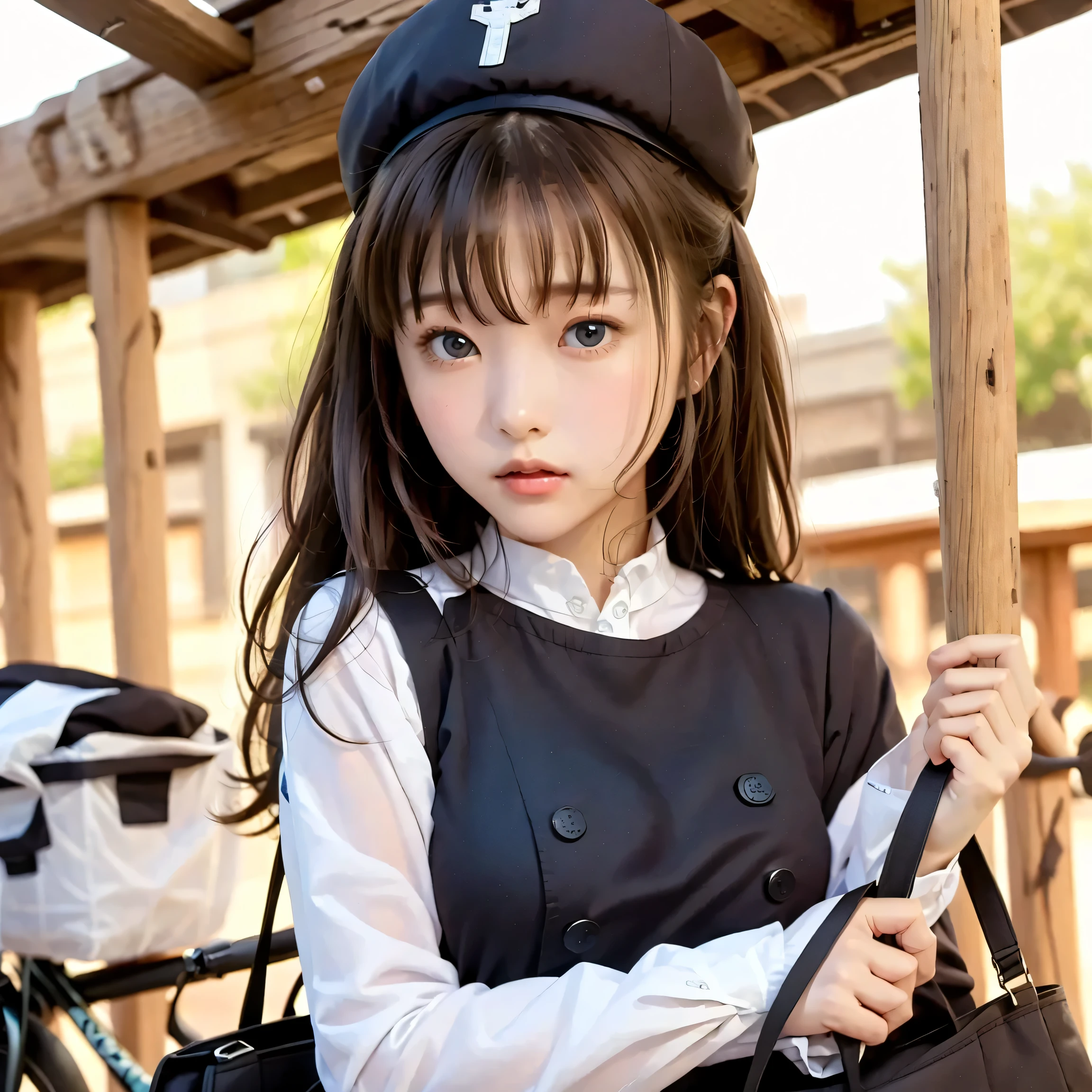 Woman delivering mail on bicycle、(cute woman, Adorable Heroine),( On:1.25),1girl, cowboy shot, troubled expression,
Postman, 18, small breasted,small breasted、flat chest、(small top:1.6)、
black cap,Red Bicycle,big black bag,dark blue uniform
Pink Eye,staring at people,big eyes、double eyelids、
face close-up:1.7、Please take a larger picture of her gentle expression、Upper Body Pictures、Portrait、
Japanese Postman、
masterpiece,top quality,great quality,Newest,
(Real skin:1),