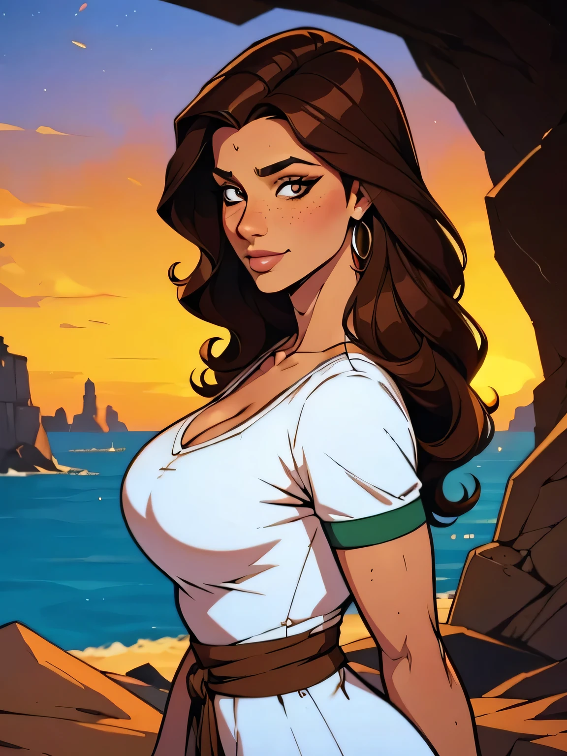 Melhor qualidade, obra de arte, (realista: 1.2) Close up of a thin woman , voluptuous and athletic (Jezebel Jade), 25 anos, 16k (( high definition )), sorriso suspirante, olhar sedutor ((looking at the viewer)), olhos castanhos, wearing a tight and discreet white dress ((decote em V rendado, puffy short sleeves )), cintura fina, He wears a white band around his waist, arms at the sides of the body, pele morena, (( long wavy brown hair )), She is alone in a cave (( upper part of the body, From head to waist ,  side view 1 .4)),  with freckles on the neck and  , (( large, round  1.4)), (( Well defined collarbone)). estilo cartoon ((QG)), cave and sunset in the background.